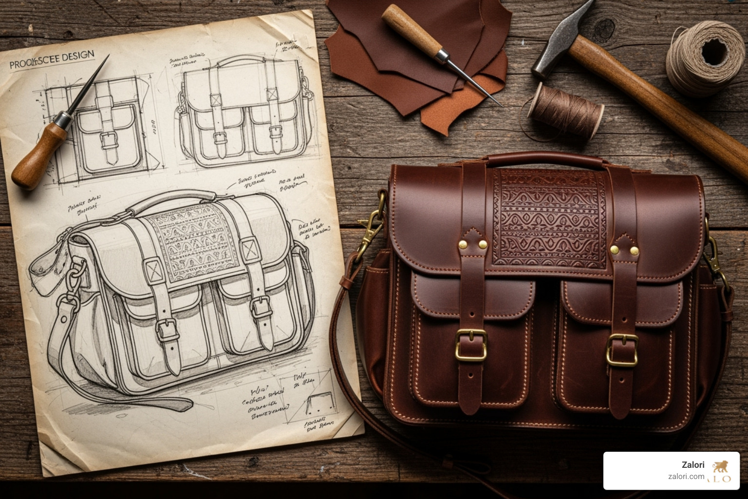 a detailed design sketch for a custom bag next to the completed product - Bespoke leather goods a detailed design sketch for a custom bag next to the completed product - Bespoke leather goods