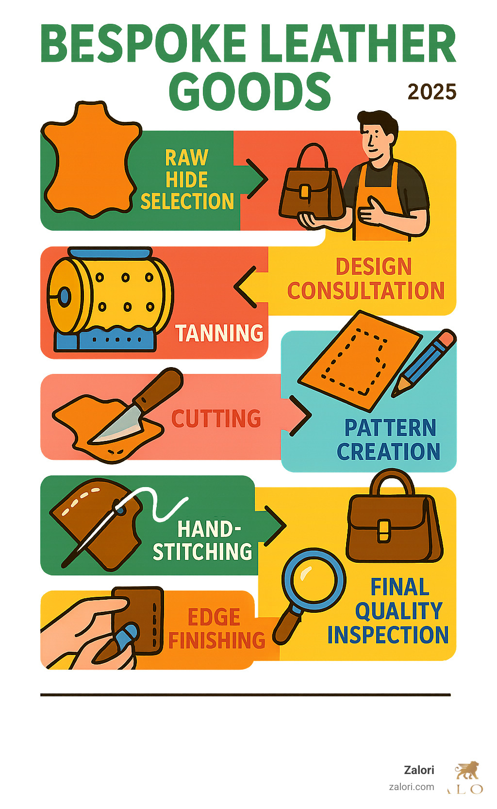 Detailed infographic showing the complete bespoke leather goods creation process from raw hide selection through tanning, design consultation, pattern creation, cutting, hand-stitching, edge finishing, hardware installation, and final quality inspection - Bespoke leather goods infographic Detailed infographic showing the complete bespoke leather goods creation process from raw hide selection through tanning, design consultation, pattern creation, cutting, hand-stitching, edge finishing, hardware installation, and final quality inspection - Bespoke leather goods infographic
