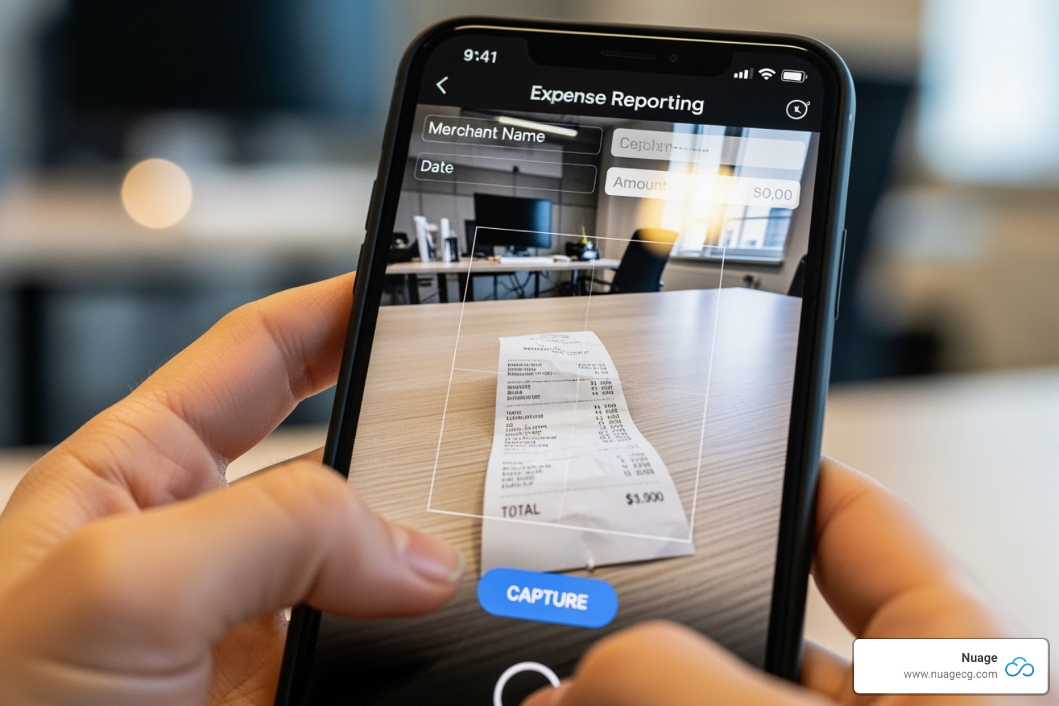 NetSuite mobile app interface showing a user capturing a receipt - netsuite expense reporting