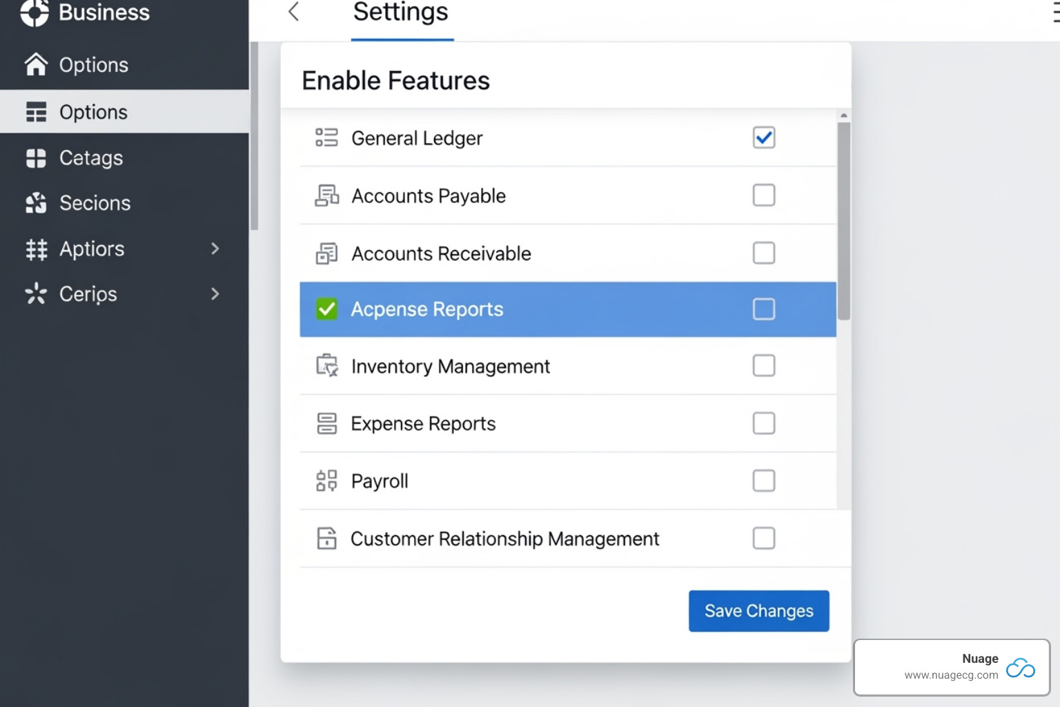 The 'Enable Features' screen in NetSuite with the 'Expense Reports' box highlighted - netsuite expense reporting
