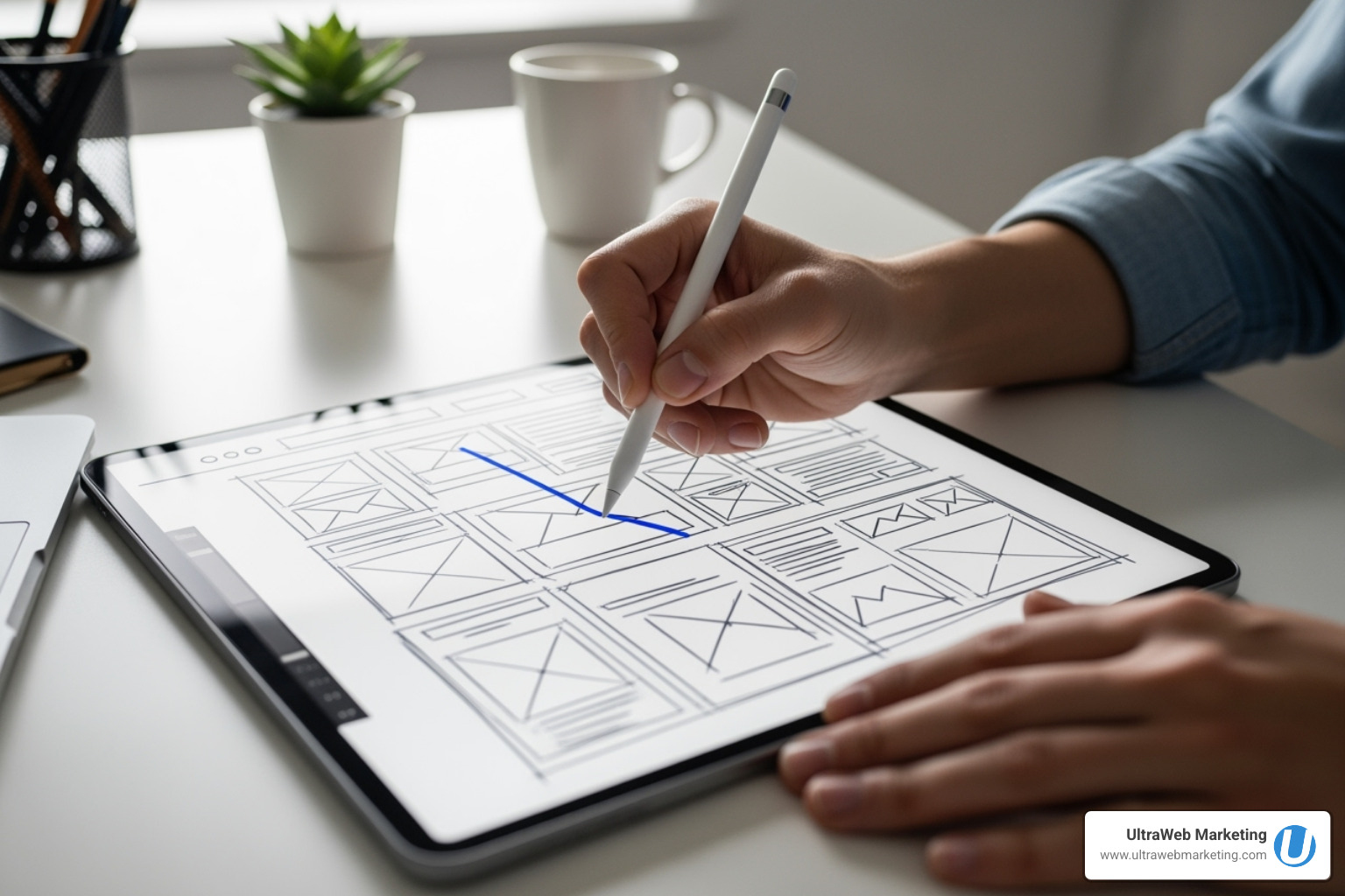 A designer sketching a website layout on a tablet, showcasing the initial creative process of web design - boca raton web design A designer sketching a website layout on a tablet, showcasing the initial creative process of web design - boca raton web design