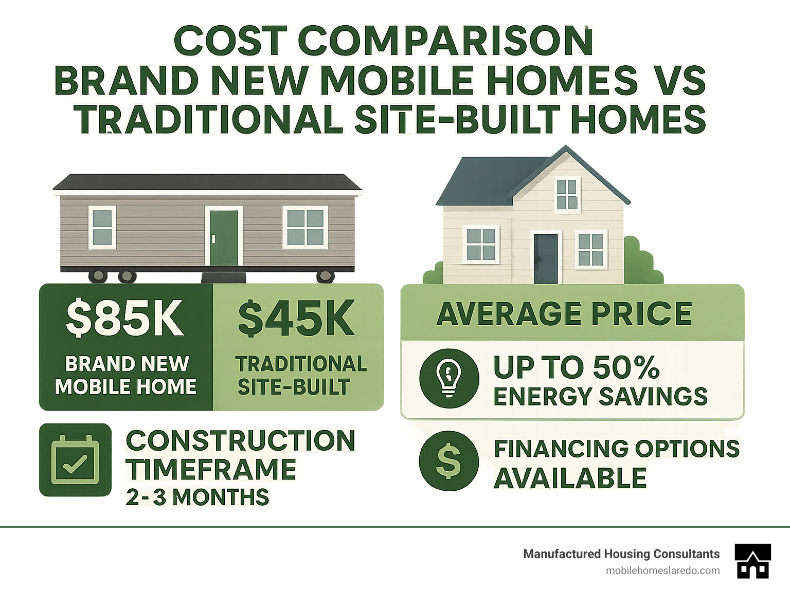 Infographic showing cost comparison between brand new mobile homes and traditional site-built homes, including average prices, energy savings potential, construction timeframes, and financing options available - brand new mobile homes to buy infographic  Infographic showing cost comparison between brand new mobile homes and traditional site-built homes, including average prices, energy savings potential, construction timeframes, and financing options available - brand new mobile homes to buy infographic