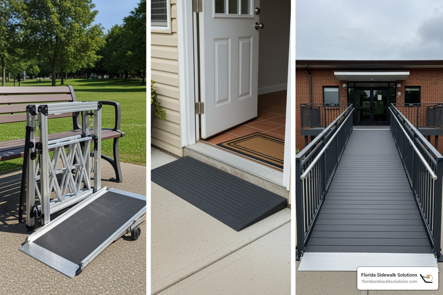 Collage of different ramp types including a portable folding ramp, a small threshold ramp, and a modular ramp system leading to a doorway. - handicapped ramp