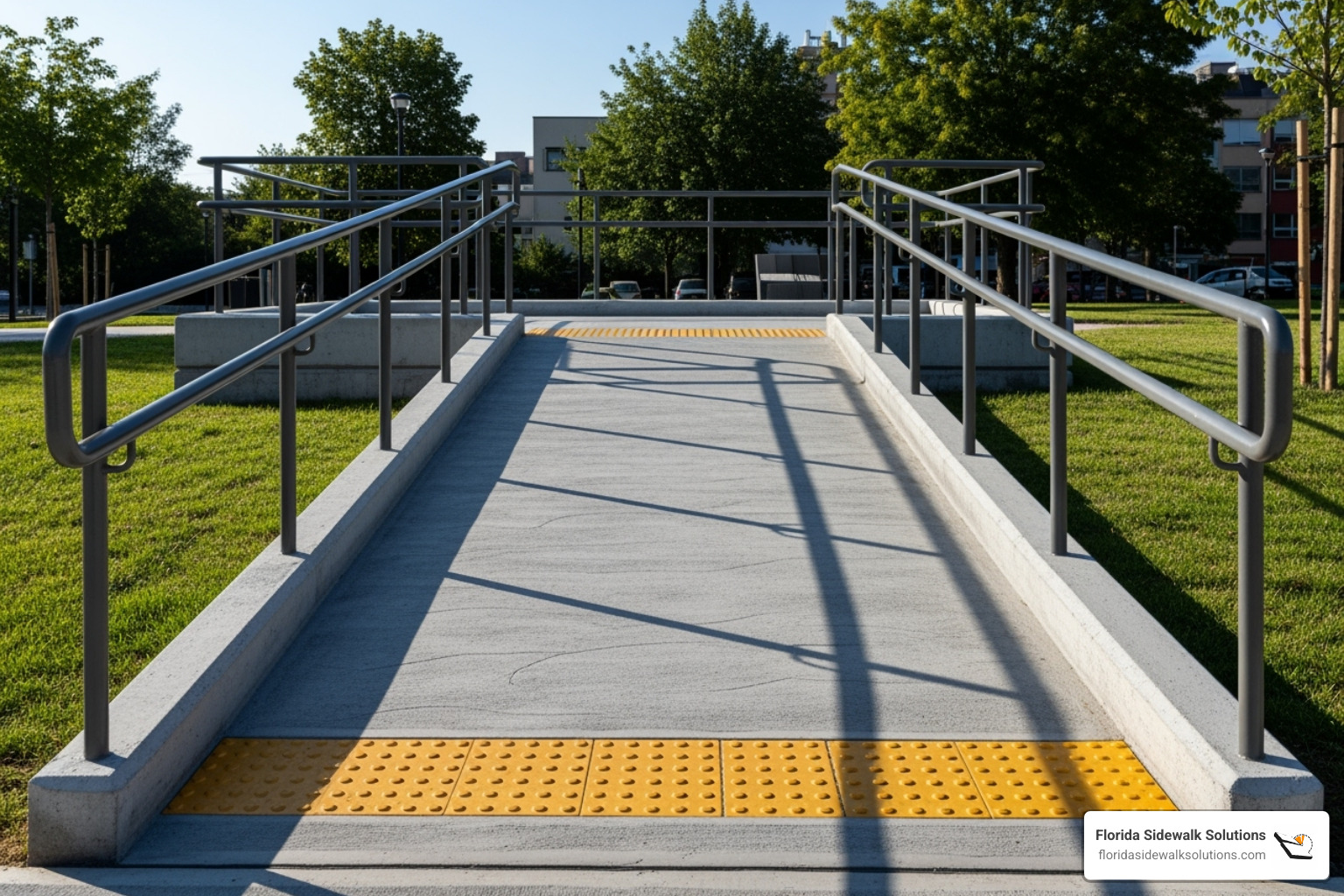Wide, ADA-compliant ramp with continuous handrails on both sides, a level landing platform at the top, and proper edge protection. - handicapped ramp