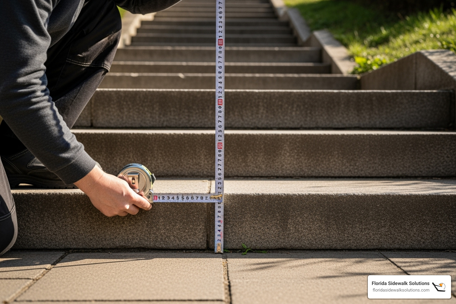 A person kneeling on a sidewalk uses a tape measure to accurately determine the rise of a set of outdoor stairs, capturing precise measurements. - handicapped ramp
