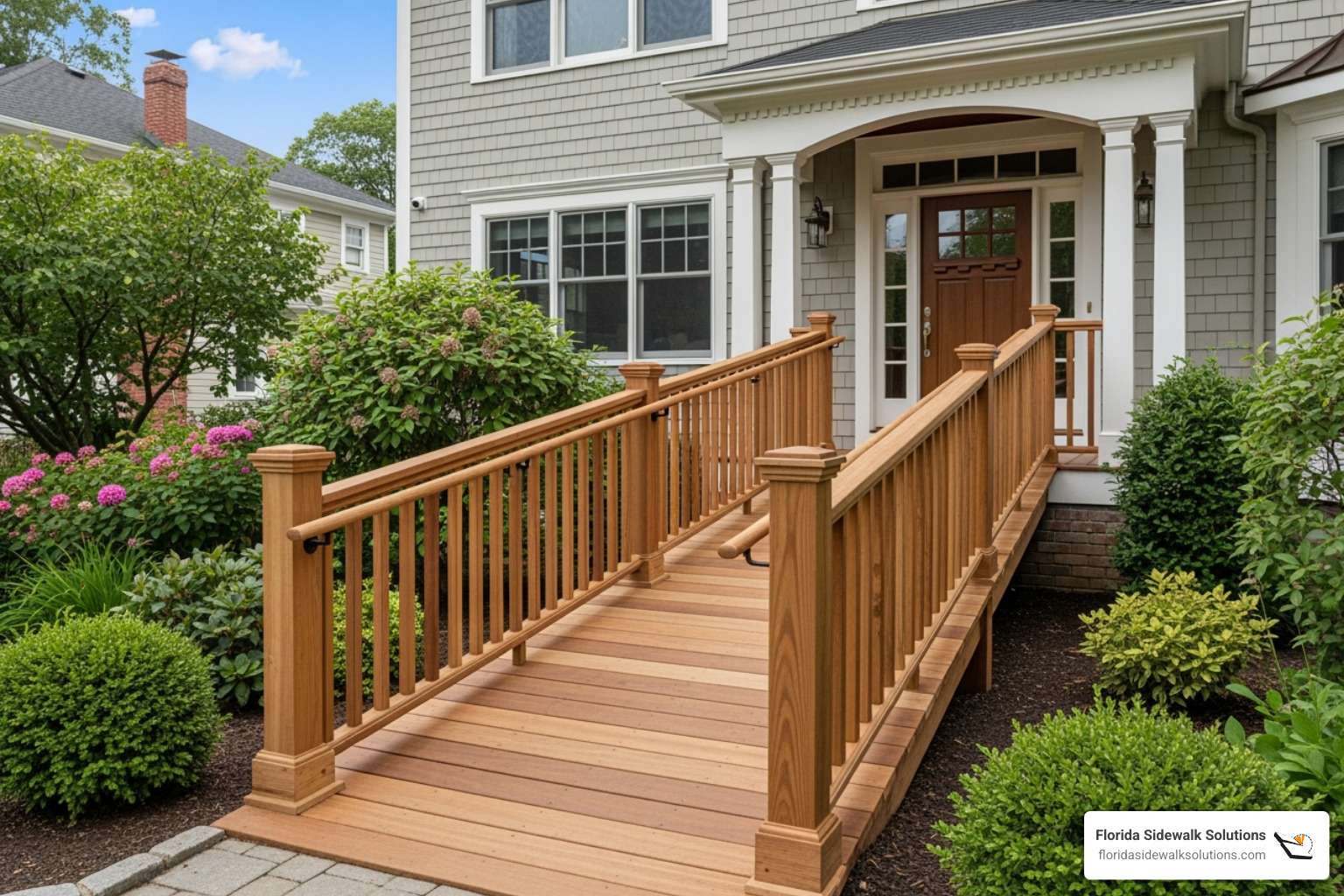 Permanent, integrated wooden ramp with handrails leading to a home's front door, blending seamlessly with the house design. - handicapped ramp