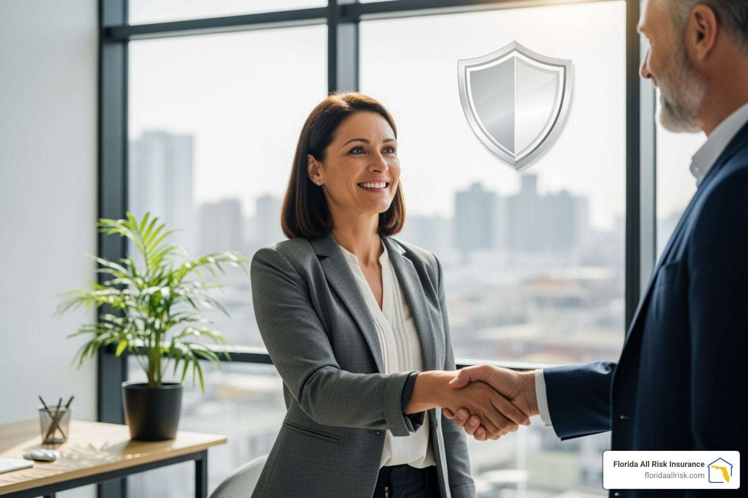 A business owner shaking hands with a client, with a shield icon overlaying the image - iso cgl policy