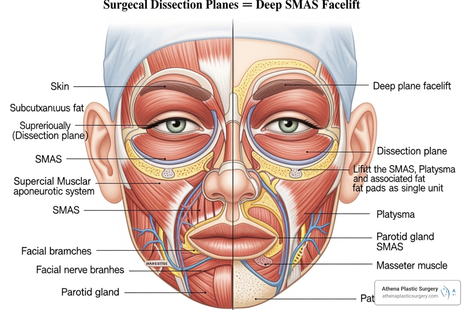 diagram comparing the dissection planes of a deep plane facelift versus a traditional SMAS facelift. - what are deep plane facelifts