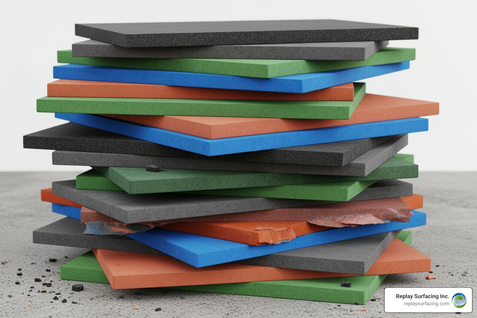 A stack of rubber tiles in various colors and thicknesses, available from Replay Surfacing Inc. - rubber safety tiles charlotte nc