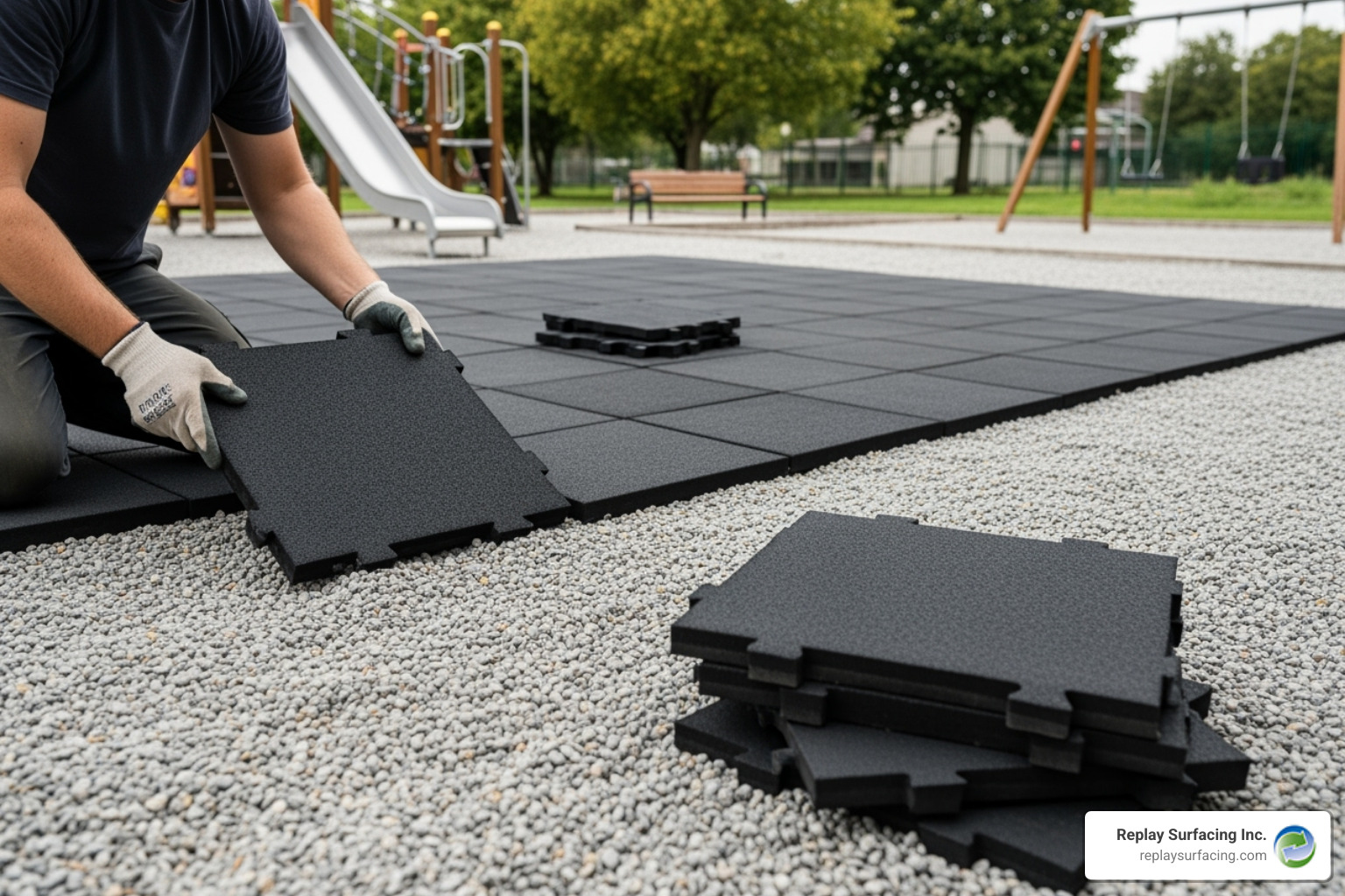 A person installing interlocking rubber tiles on a prepared gravel base in a local playground. - rubber safety tiles charlotte nc
