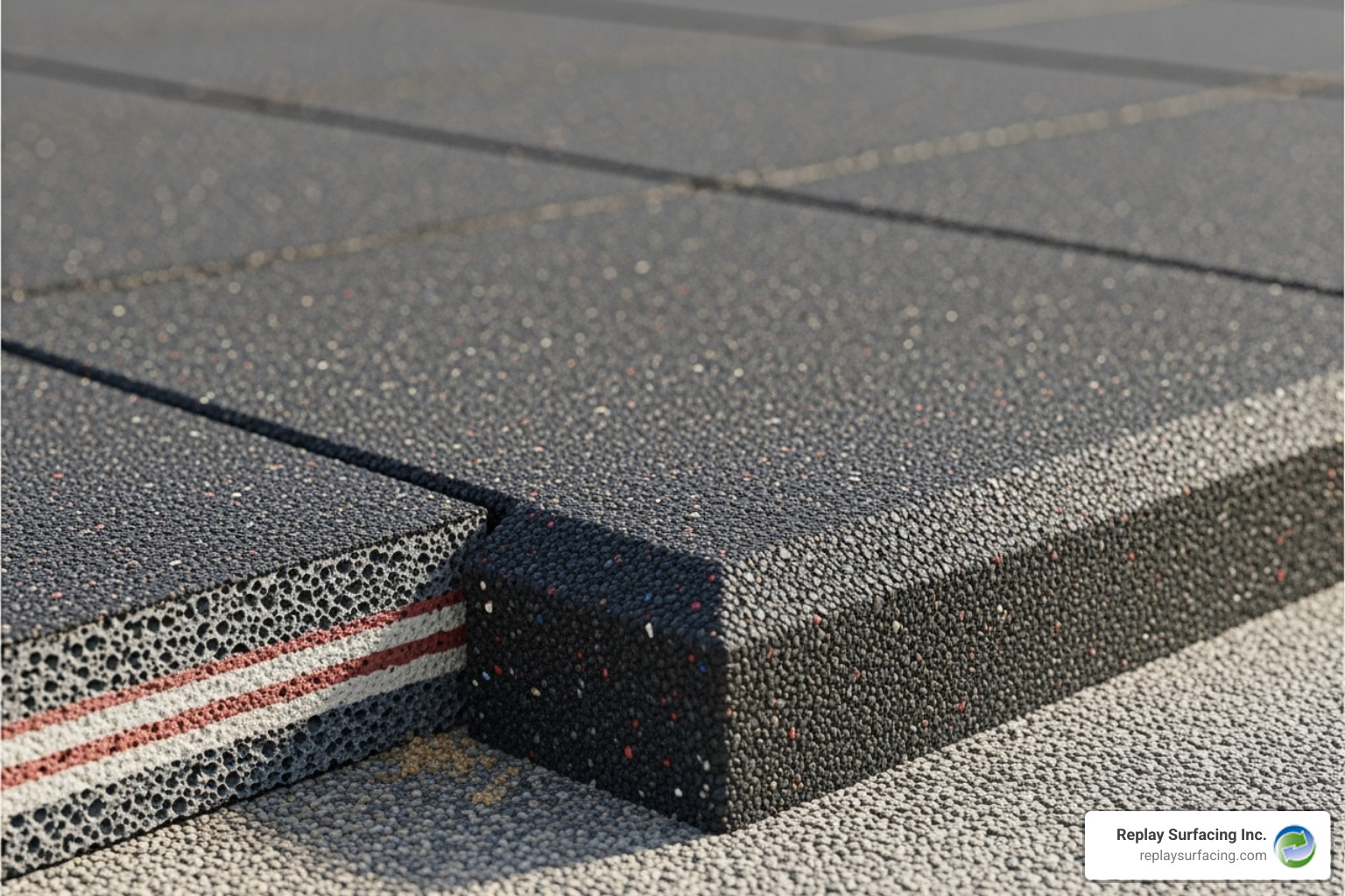 A close-up shot showing the texture and thickness of a rubber tile installed by Replay Surfacing Inc. - rubber safety tiles charlotte nc