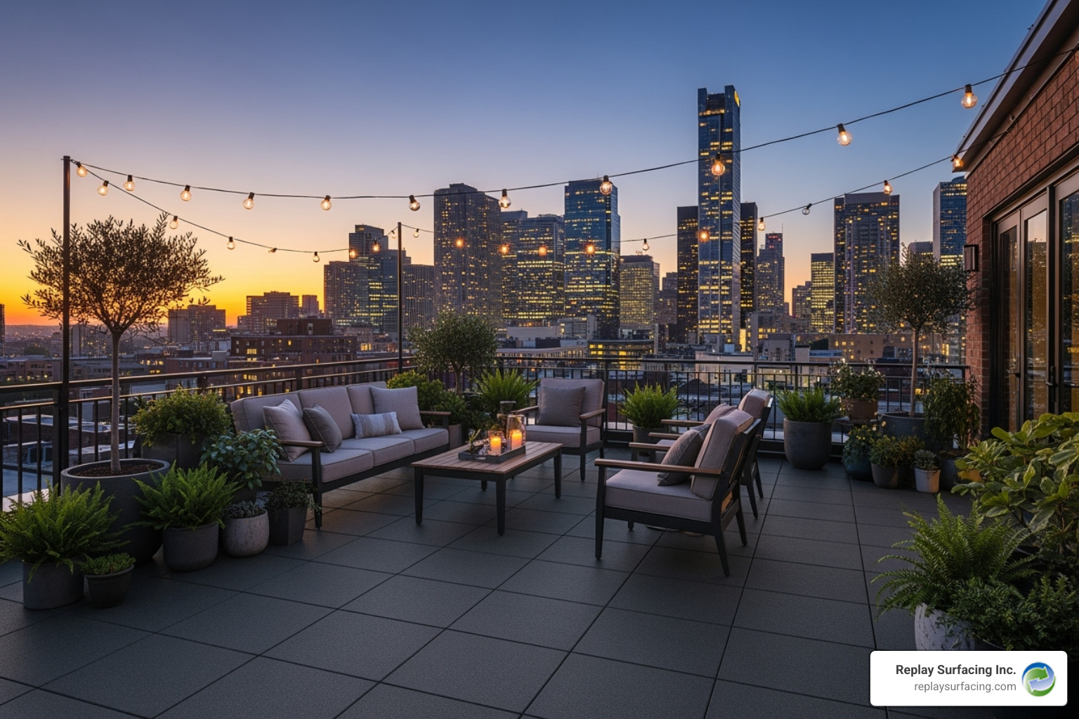 A rooftop patio area surfaced with stylish rubber tiles installed by Replay Surfacing Inc. - rubber safety tiles charlotte nc