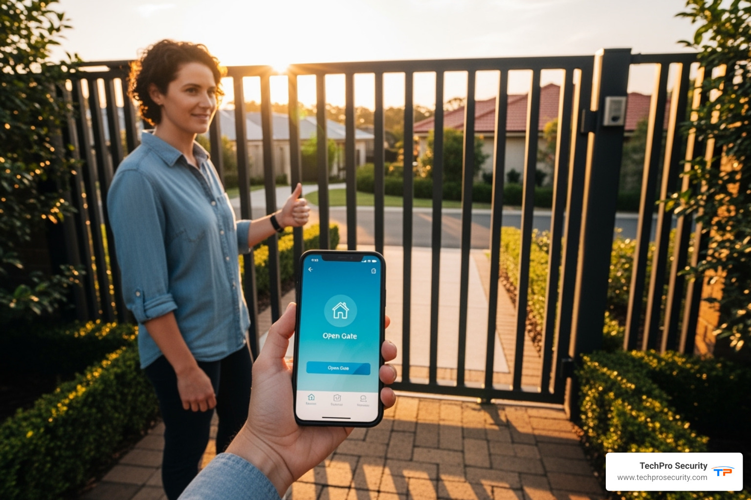 homeowner using a smartphone app to open their gate - electric driveway gates