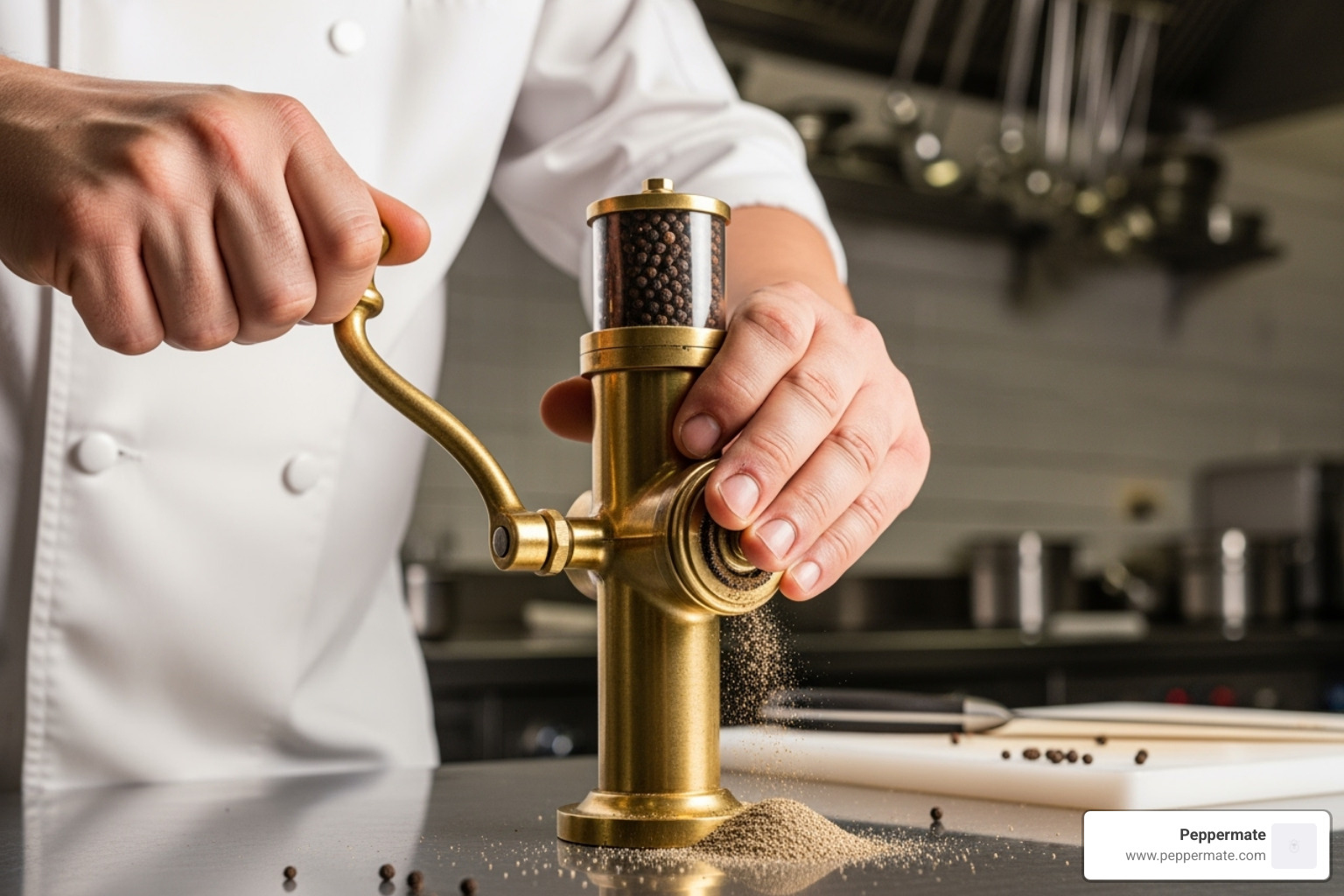 Chef using a Peppermate manual grinder - Professional spice grinder