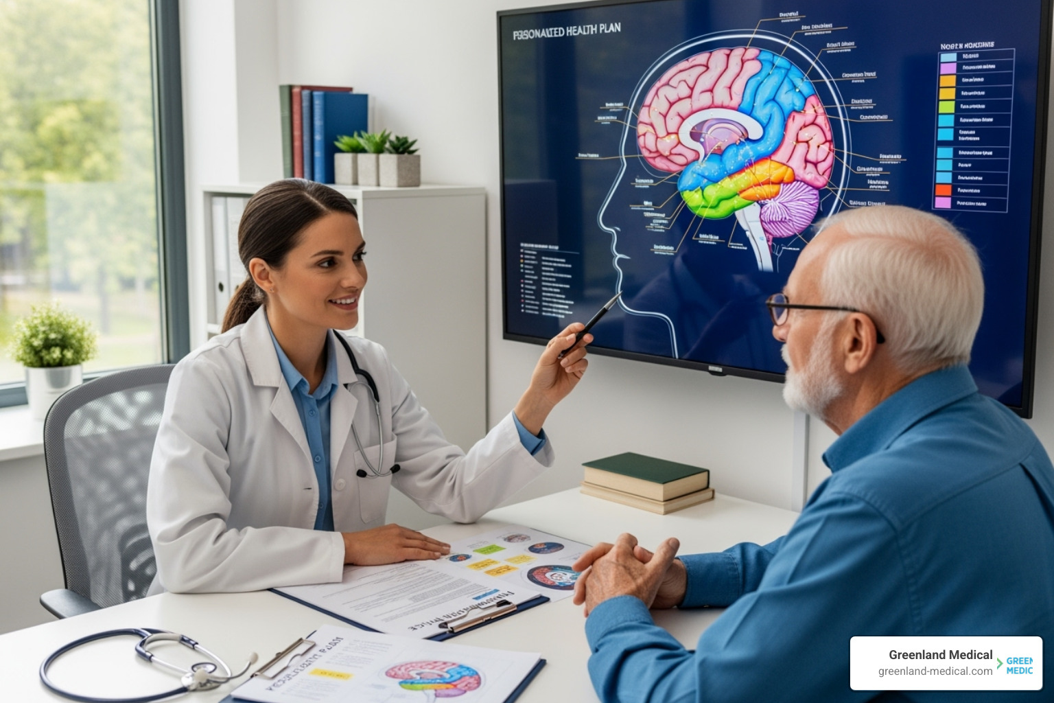 A practitioner consulting with a patient over a detailed health plan, pointing to a diagram of the brain - functional medicine for dementia A practitioner consulting with a patient over a detailed health plan, pointing to a diagram of the brain - functional medicine for dementia