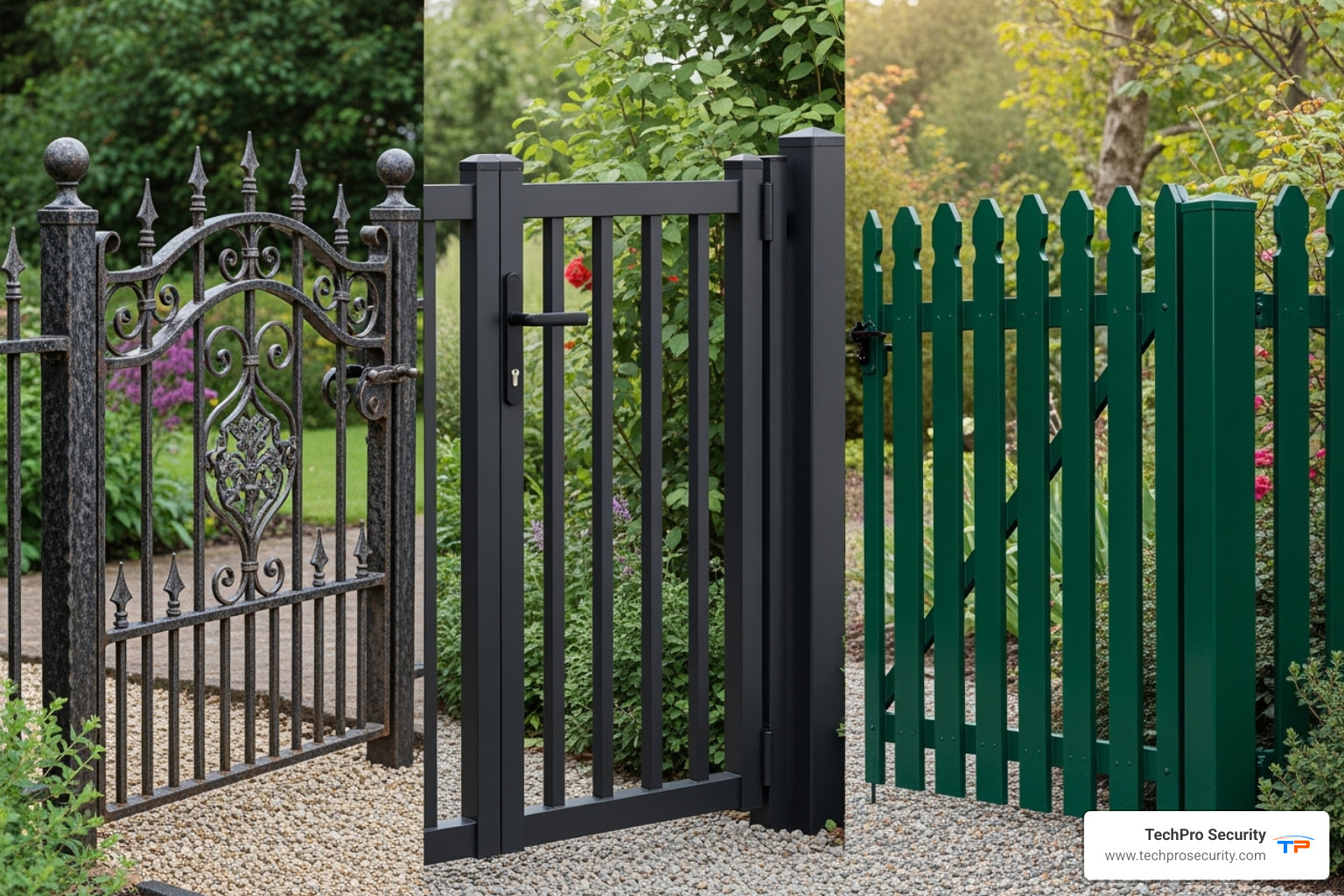 wrought iron gate, an aluminum gate, and a steel gate side-by-side - electric driveway gates