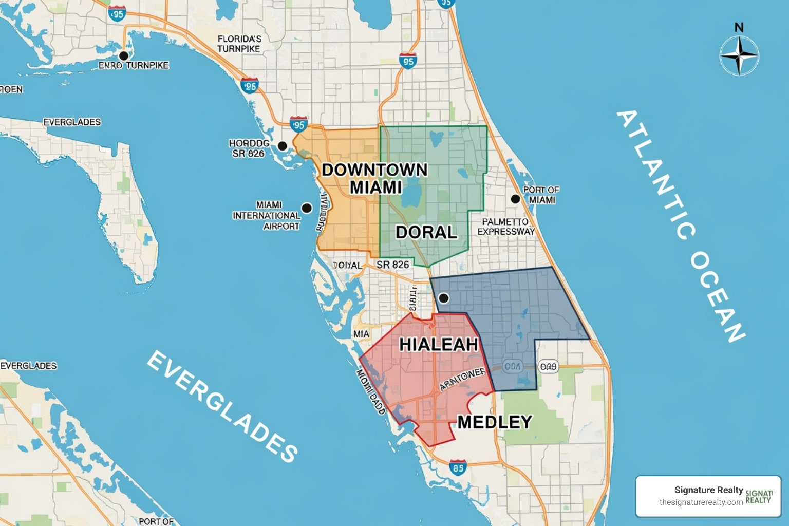 Map showing Downtown Miami, Doral, Hialeah, and Medley, Florida - downtown miami office space for rent Map showing Downtown Miami, Doral, Hialeah, and Medley, Florida - downtown miami office space for rent