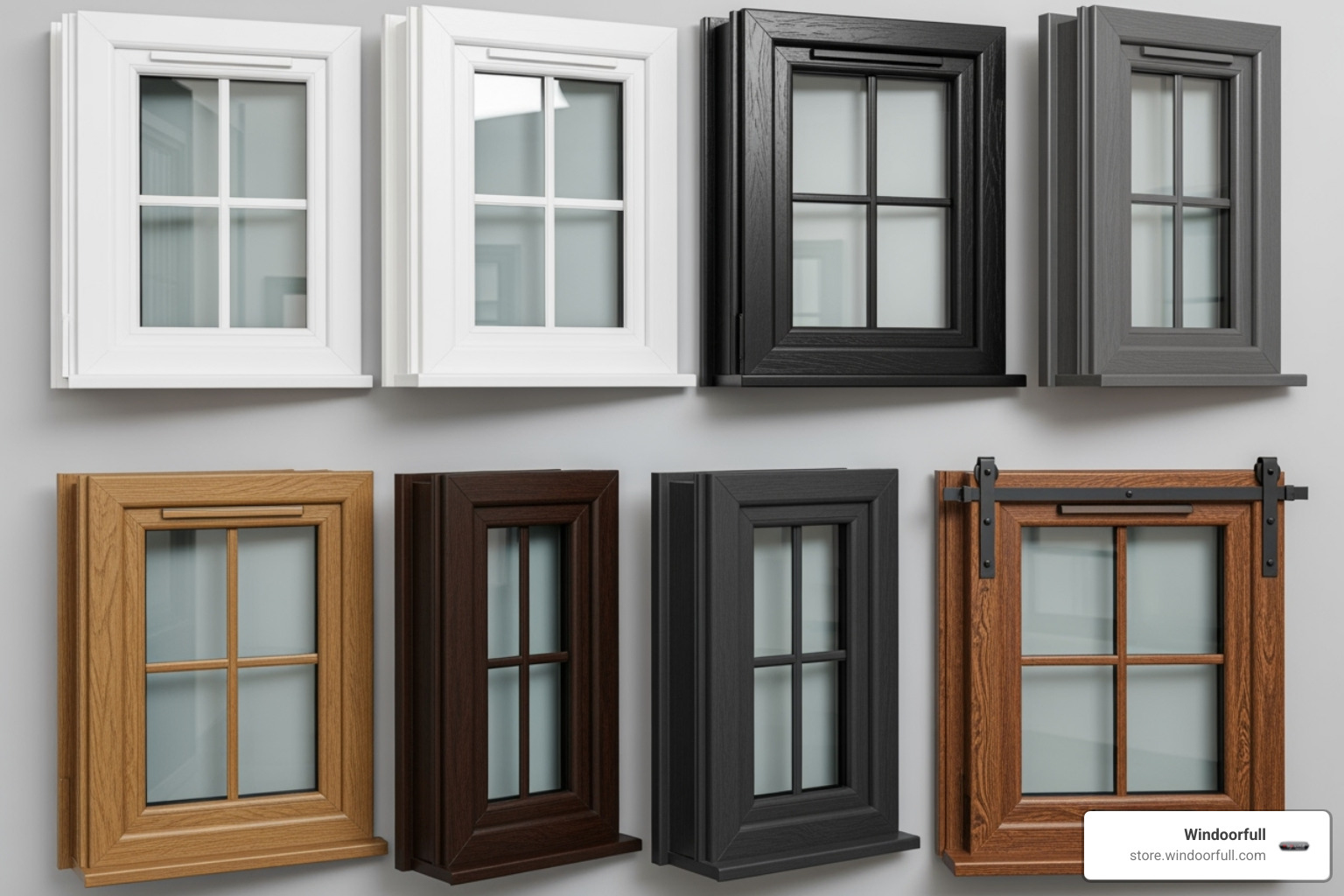 Image showcasing different uPVC window colors and finishes - tilt and turn triple glazed windows
