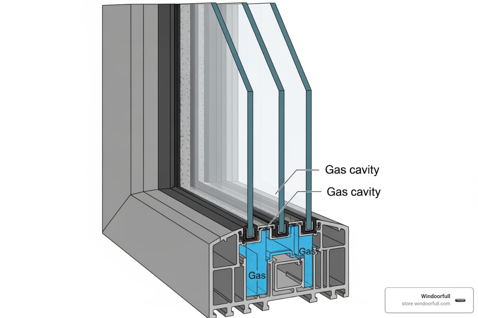 Cross-section of a triple-glazed window showing the panes, seals, and gas layers - tilt and turn triple glazed windows