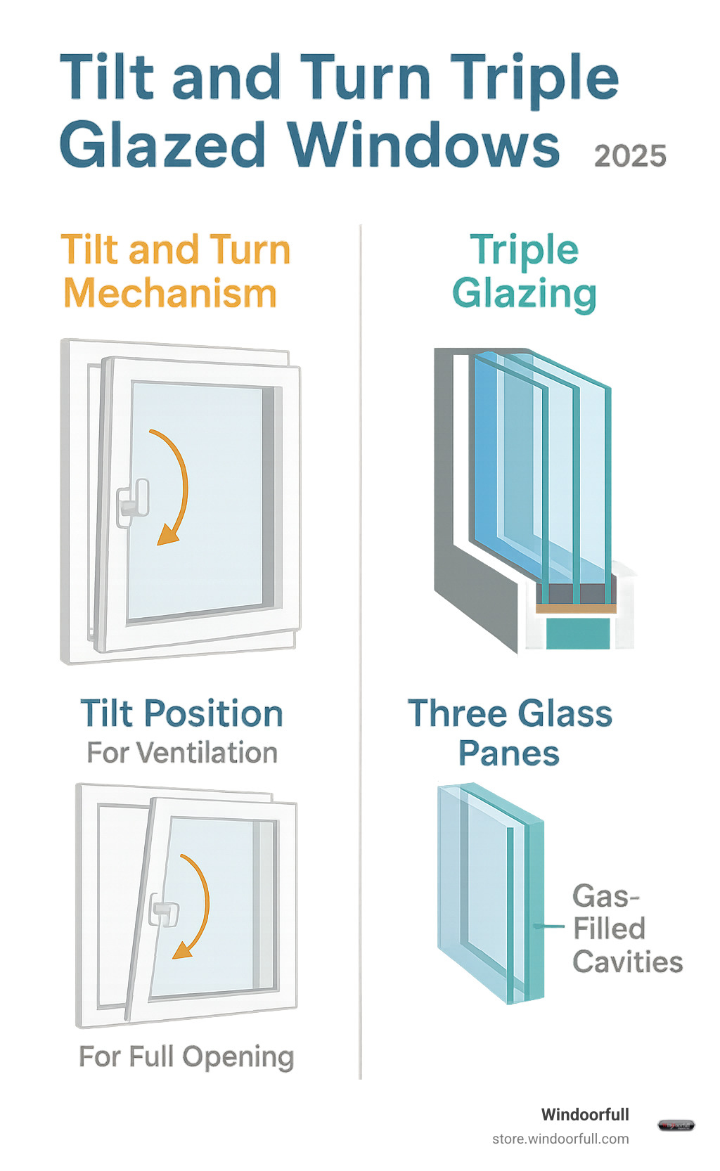 Infographic showing tilt and turn window mechanism with single handle controlling both tilt position for ventilation and turn position for full opening, plus cross-section of triple glazing with three glass panes and gas-filled cavities - tilt and turn triple glazed windows infographic 