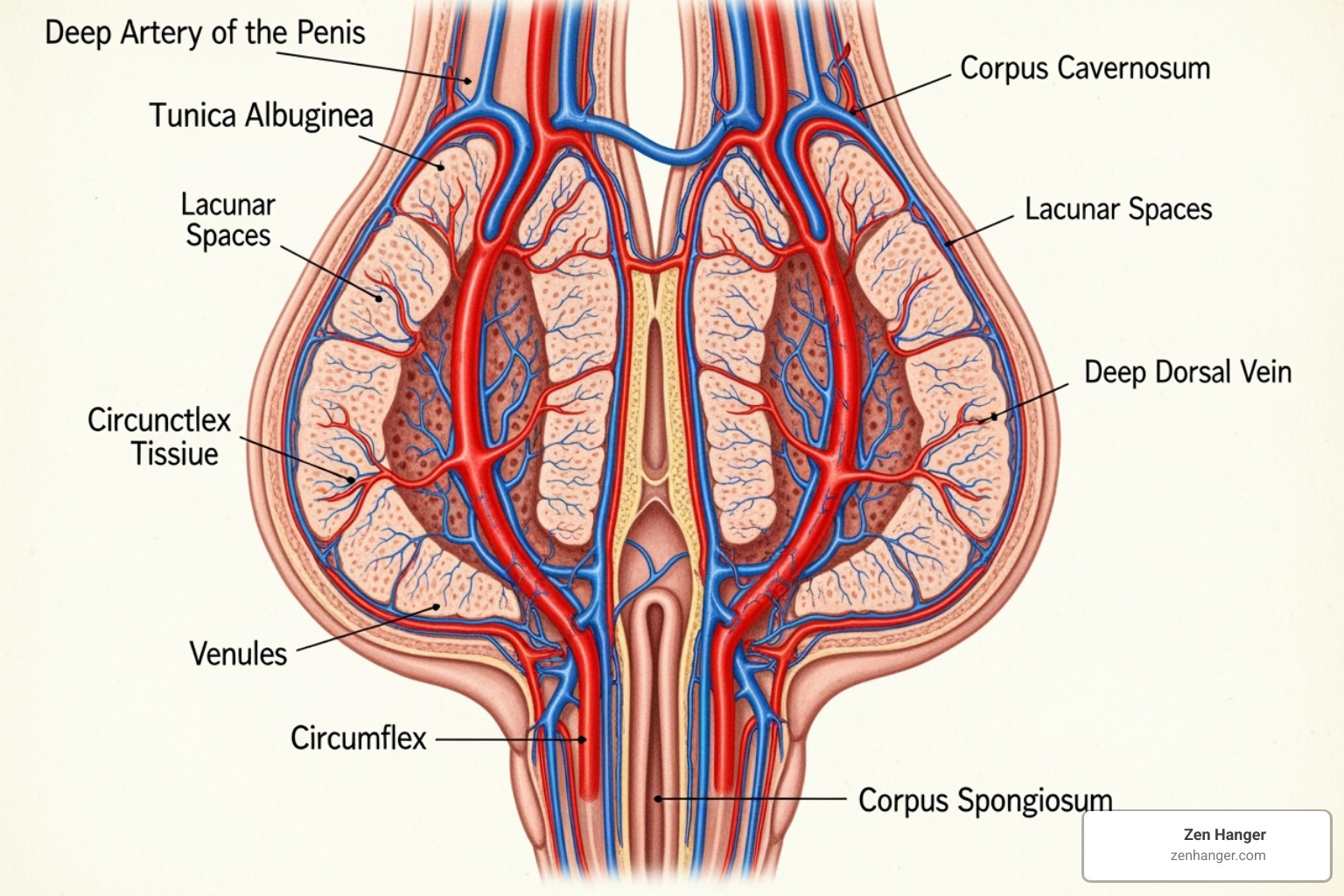 Anatomical illustration showing blood flow into the corpus cavernosum - making girth penis bigger exercises