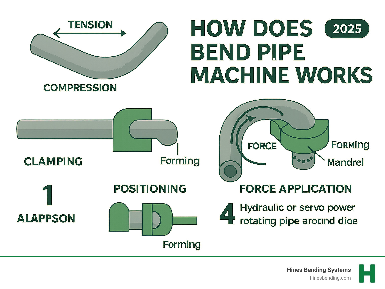 Comprehensive pipe bending process showing the forces of tension and compression during bending, with detailed breakdown of clamping, die positioning, mandrel support, and force application stages - how does bend pipe machine works infographic 