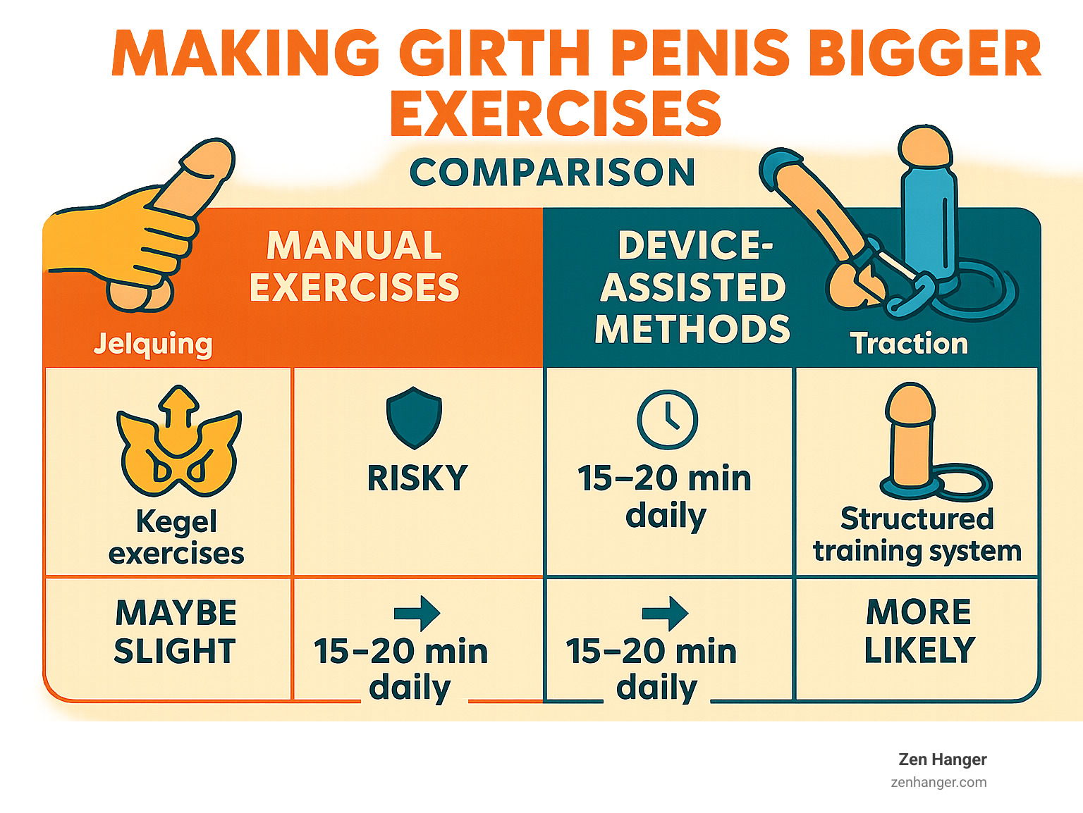 Comparison of manual exercises versus device-assisted methods for penis girth improvement, showing safety profiles, time requirements, and expected results for jelqing, kegel exercises, traction devices, and structured training systems - making girth penis bigger exercises infographic 