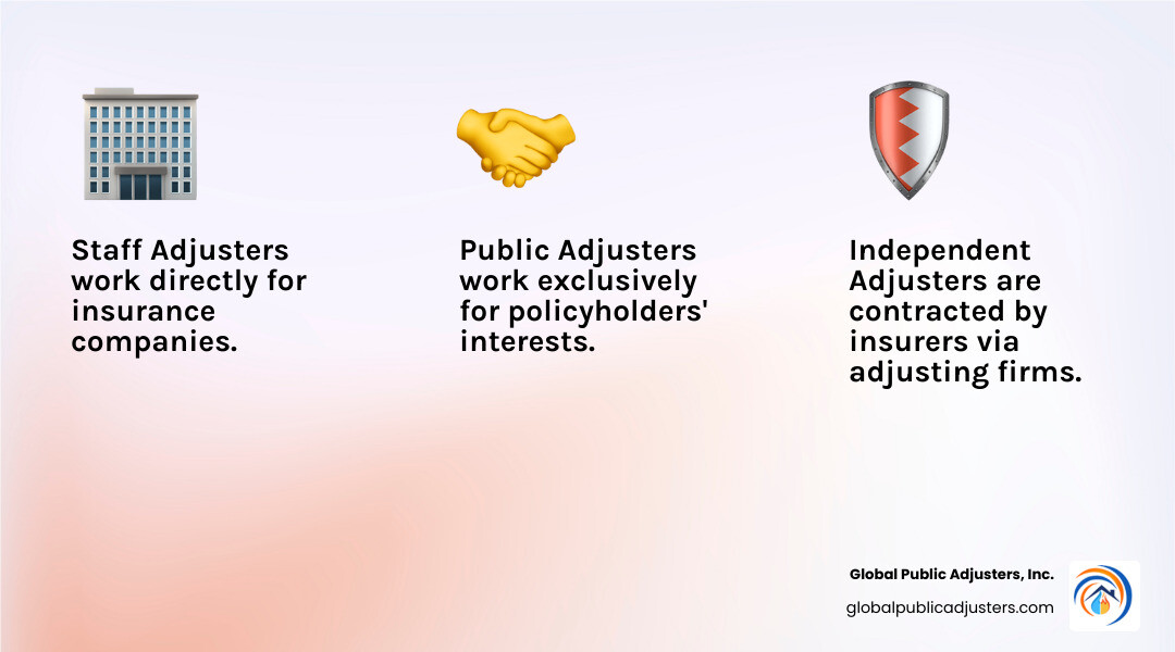 Infographic showing three types of insurance adjusters in Florida: Staff Adjusters (work directly for insurance companies), Independent Adjusters (work for adjusting firms contracted by insurers), and Public Adjusters (work exclusively for policyholders to maximize claim settlements). Public Adjusters require additional licensing and represent the policyholder's interests against insurance companies. - insurance adjuster florida infographic 3_facts_emoji_light-gradient