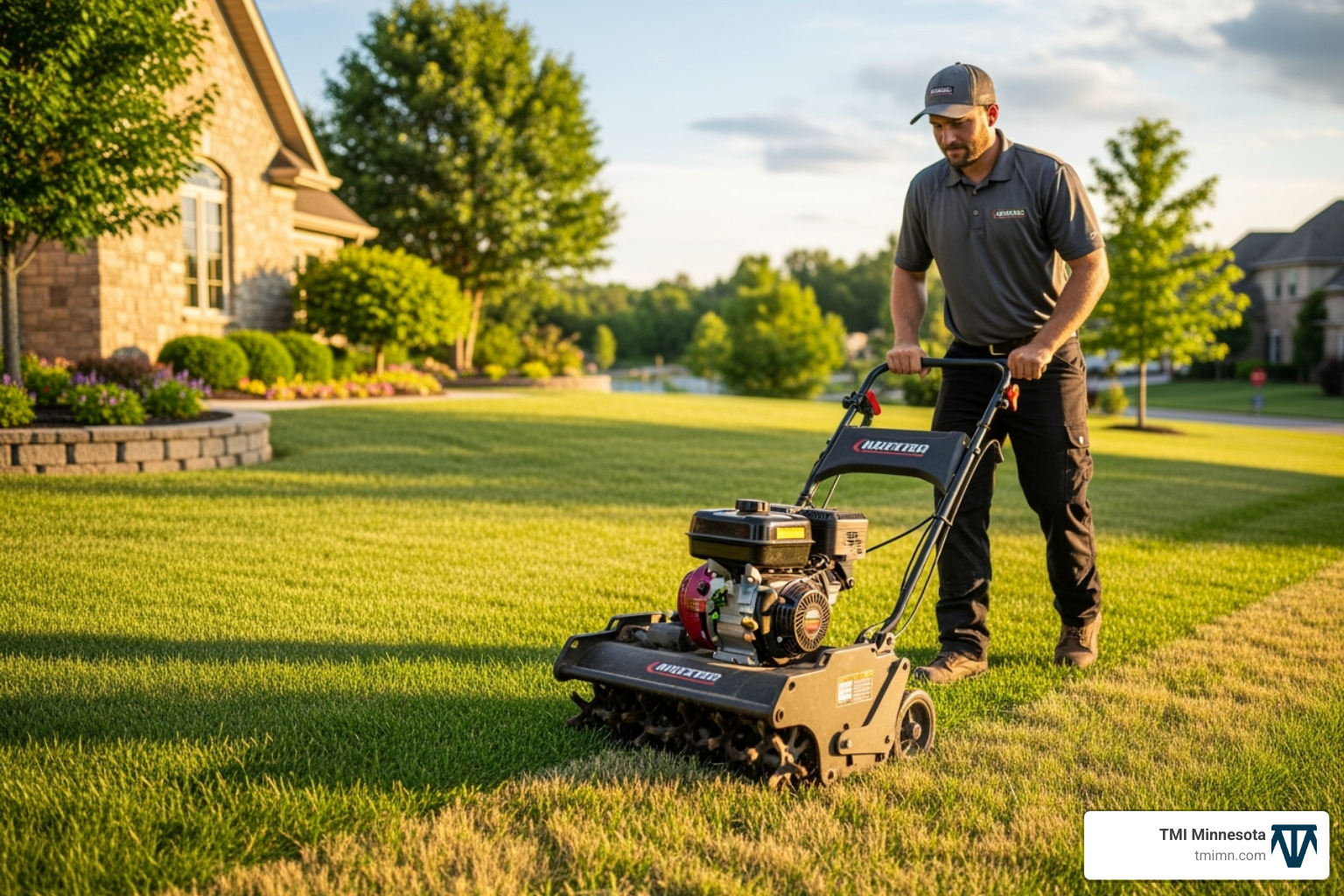 landscape professional performing core aeration on a lawn - organic landscaping services twin cities area