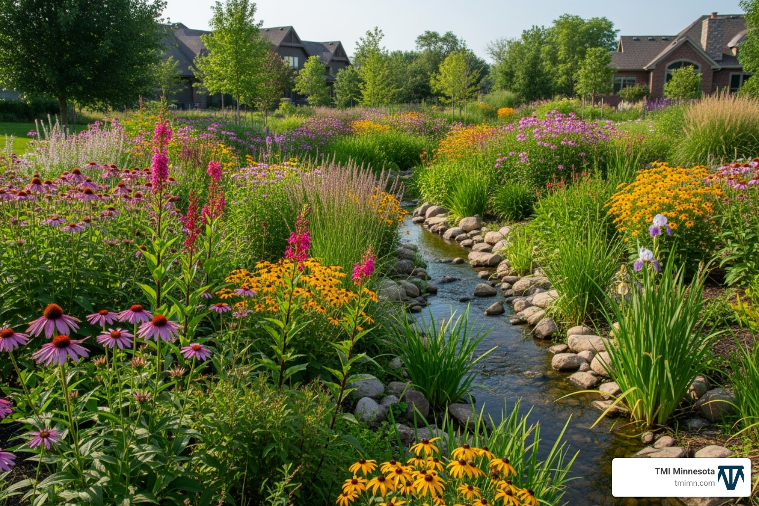 Minnesota rain garden in full bloom - organic landscaping services twin cities area