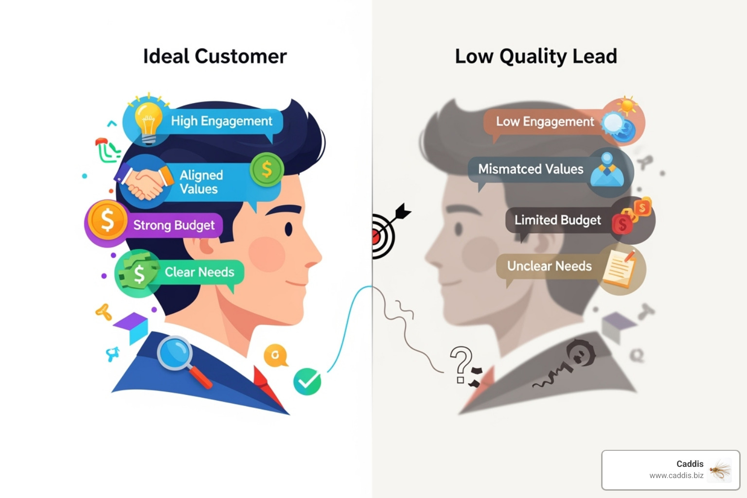 Illustration of lead quality, showing a well-defined, ideal customer profile on one side and a mismatched, low-quality lead profile on the other - sales conversion rate KPI