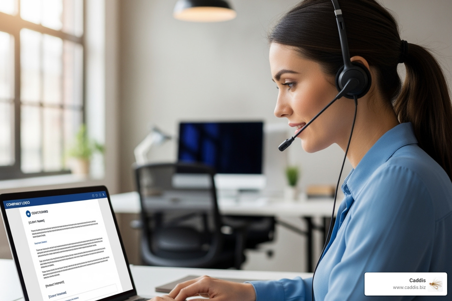 Image of a sales representative personalizing an email or call, showing a laptop screen with a customized email draft and a headset - sales conversion rate KPI