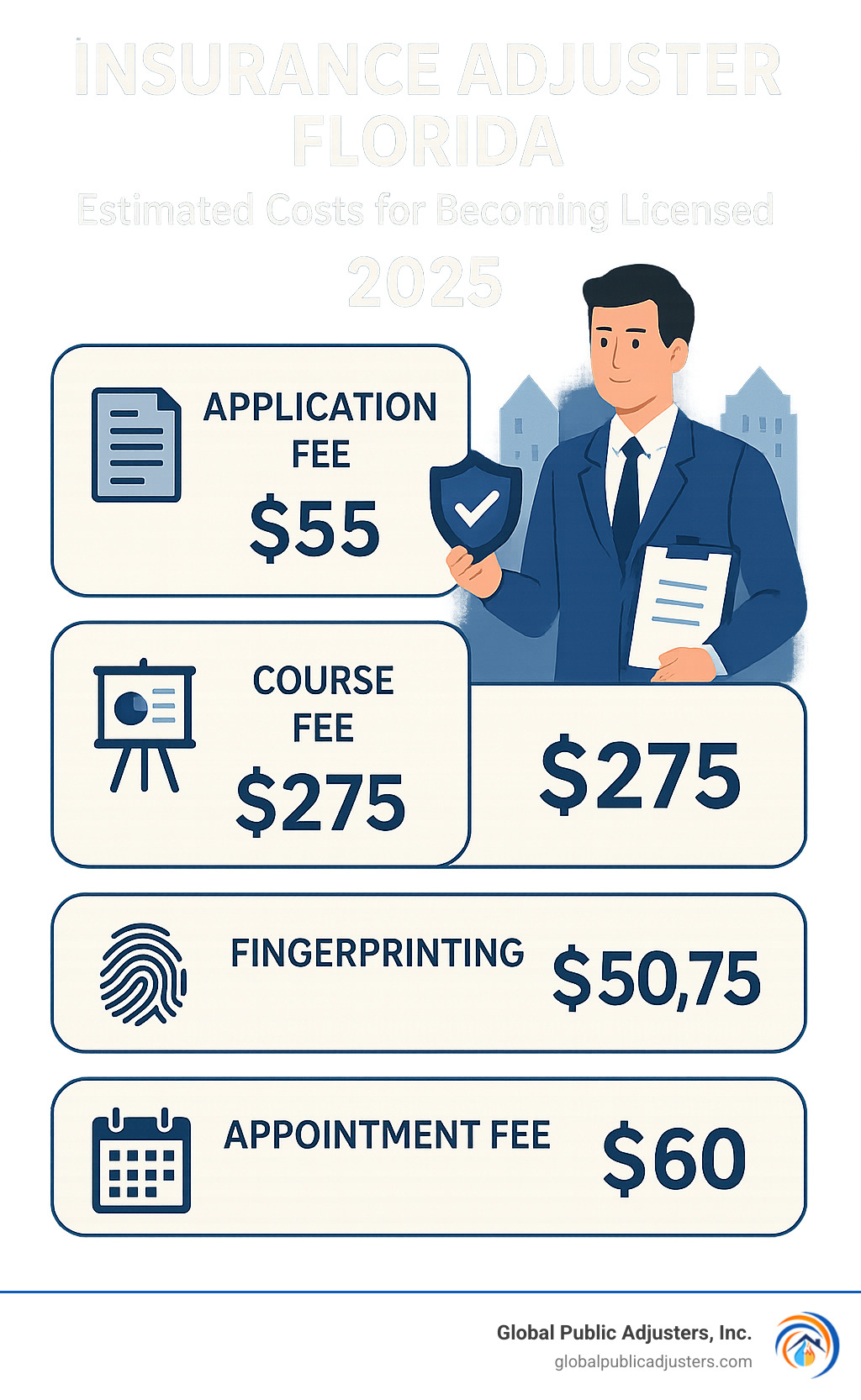 Infographic outlining the estimated costs for becoming a licensed insurance adjuster in Florida, including application fees, course fees, fingerprinting, and appointment fees. - insurance adjuster florida infographic 