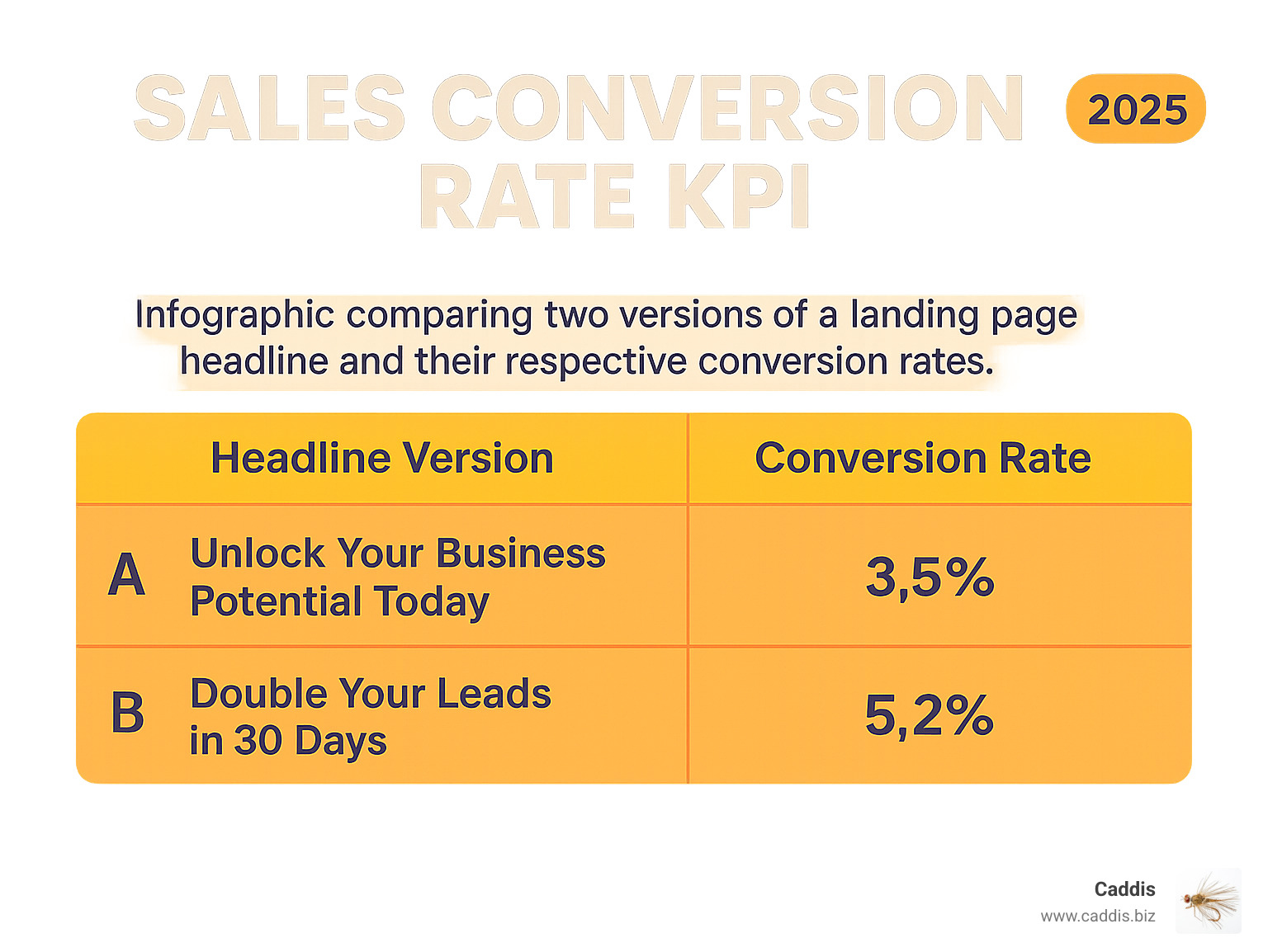 Infographic comparing two versions of a landing page headline and their respective conversion rates in a table format - sales conversion rate KPI infographic 