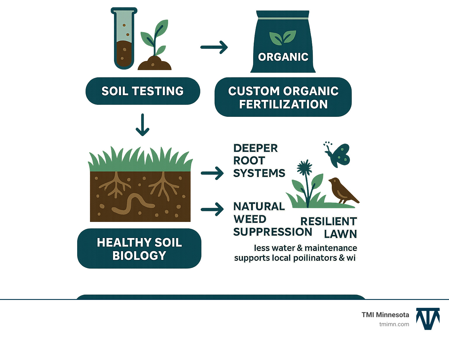 Infographic showing the organic landscaping process: soil testing leads to custom organic fertilization, which promotes healthy soil biology, resulting in deeper root systems, natural weed suppression, and a resilient lawn that requires less water and maintenance while supporting local pollinators and wildlife - organic landscaping services twin cities area infographic 