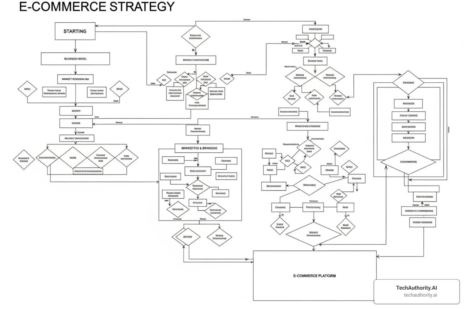 of a flowchart showing an e-commerce strategy from business model to platform choice - ecommerce development solution