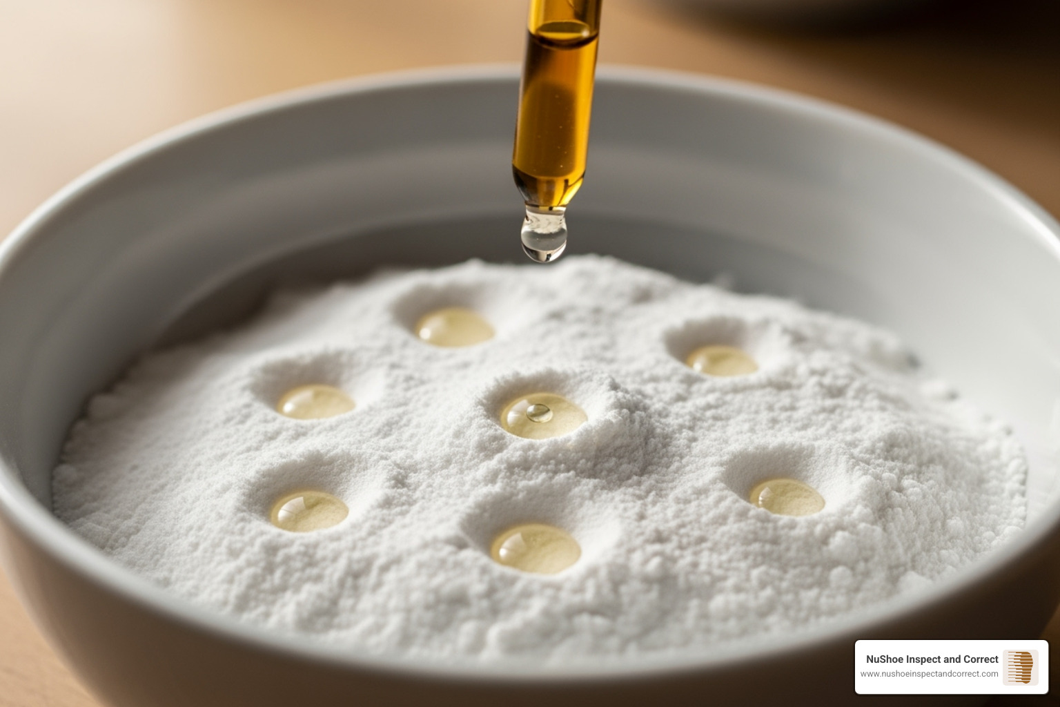 a bowl with baking soda powder and essential oil drops being added - essential oil shoe odor eliminator a bowl with baking soda powder and essential oil drops being added - essential oil shoe odor eliminator