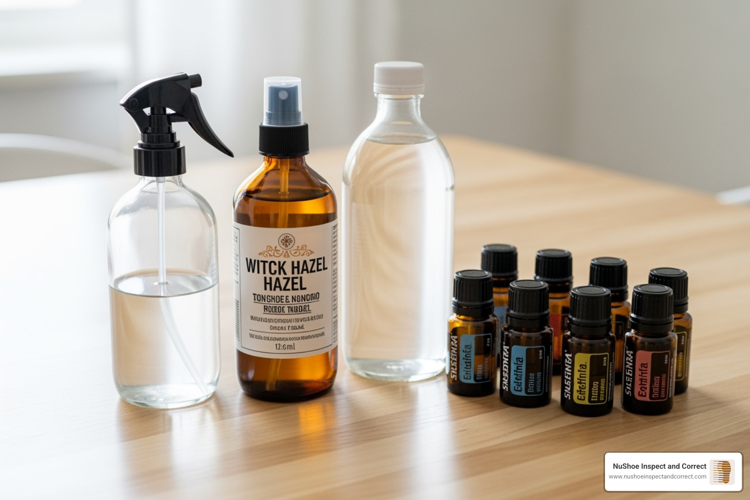 the ingredients for the spray: glass bottle, witch hazel, water, essential oils - essential oil shoe odor eliminator the ingredients for the spray: glass bottle, witch hazel, water, essential oils - essential oil shoe odor eliminator