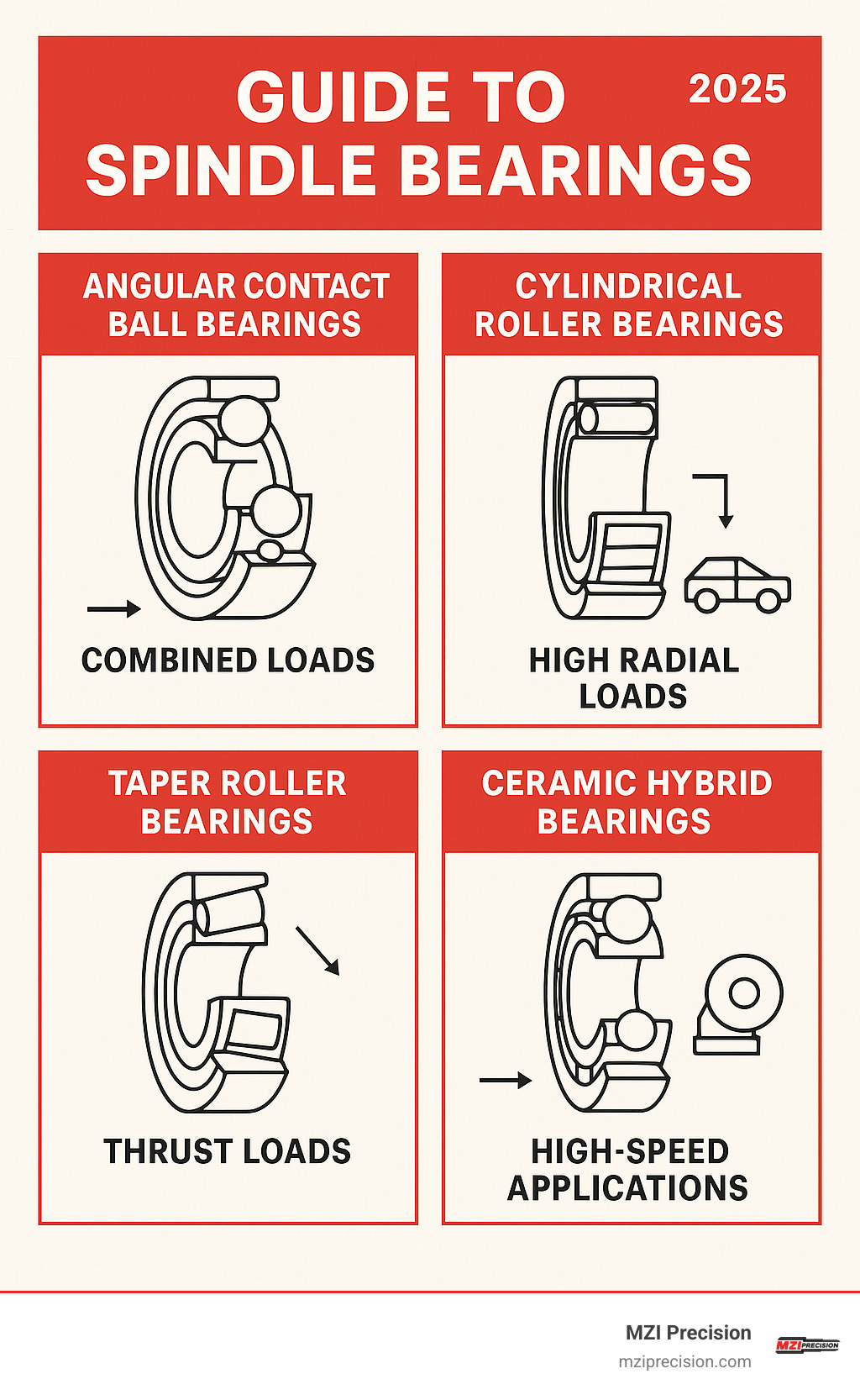 COMPREHENSIVE GUIDE SHOWING TYPES OF SPINDLE BEARINGS INCLUDING ANGULAR CONTACT BALL BEARINGS FOR COMBINED LOADS, CYLINDRICAL ROLLER BEARINGS FOR HIGH RADIAL LOADS, TAPER ROLLER BEARINGS FOR THRUST LOADS, AND CERAMIC HYBRID BEARINGS FOR HIGH-SPEED APPLICATIONS, WITH LOAD DIRECTION ARROWS AND APPLICATION EXAMPLES - SPINDLE BEARING STOCKIST INFOGRAPHIC COMPREHENSIVE GUIDE SHOWING TYPES OF SPINDLE BEARINGS INCLUDING ANGULAR CONTACT BALL BEARINGS FOR COMBINED LOADS, CYLINDRICAL ROLLER BEARINGS FOR HIGH RADIAL LOADS, TAPER ROLLER BEARINGS FOR THRUST LOADS, AND CERAMIC HYBRID BEARINGS FOR HIGH-SPEED APPLICATIONS, WITH LOAD DIRECTION ARROWS AND APPLICATION EXAMPLES - SPINDLE BEARING STOCKIST INFOGRAPHIC