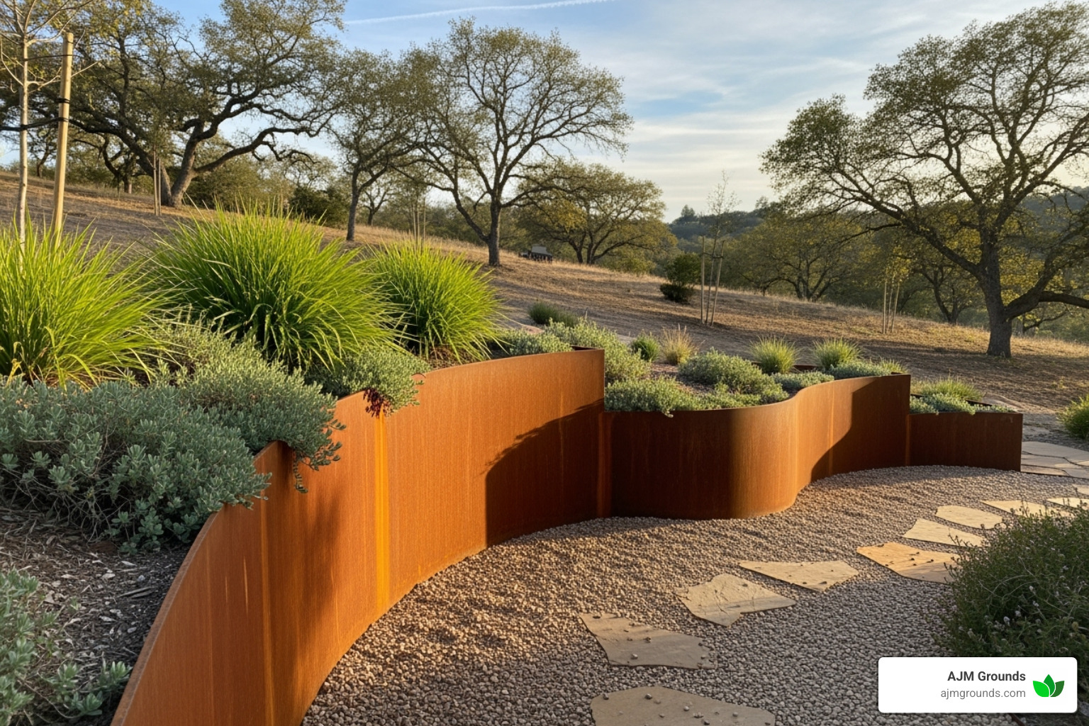 curved Corten steel retaining wall with a rust patina - modern landscape retaining wall curved Corten steel retaining wall with a rust patina - modern landscape retaining wall