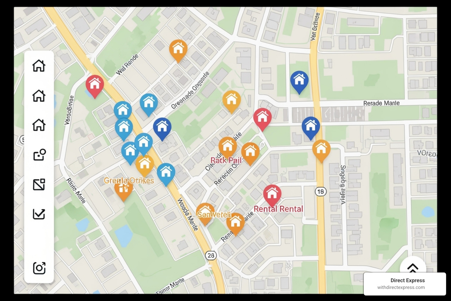 Map interface showing rental listings in a neighborhood - duplex for rent near me