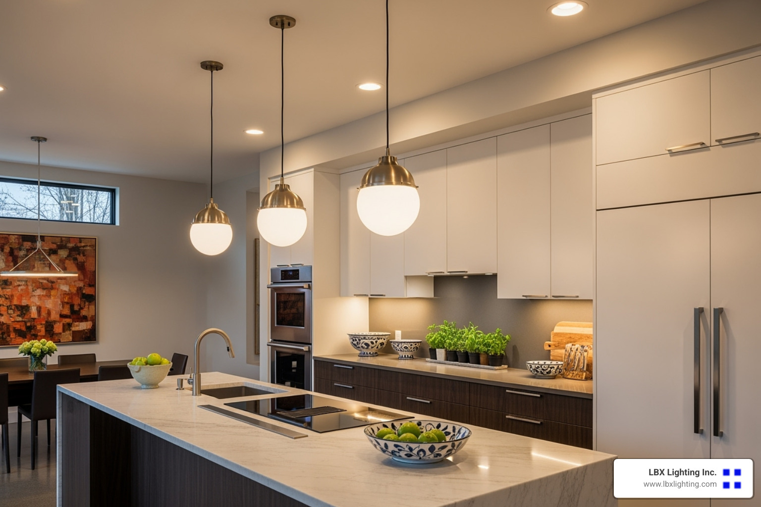 stunning kitchen with layered pendant, recessed, and under-cabinet lighting - residential lighting consultant
