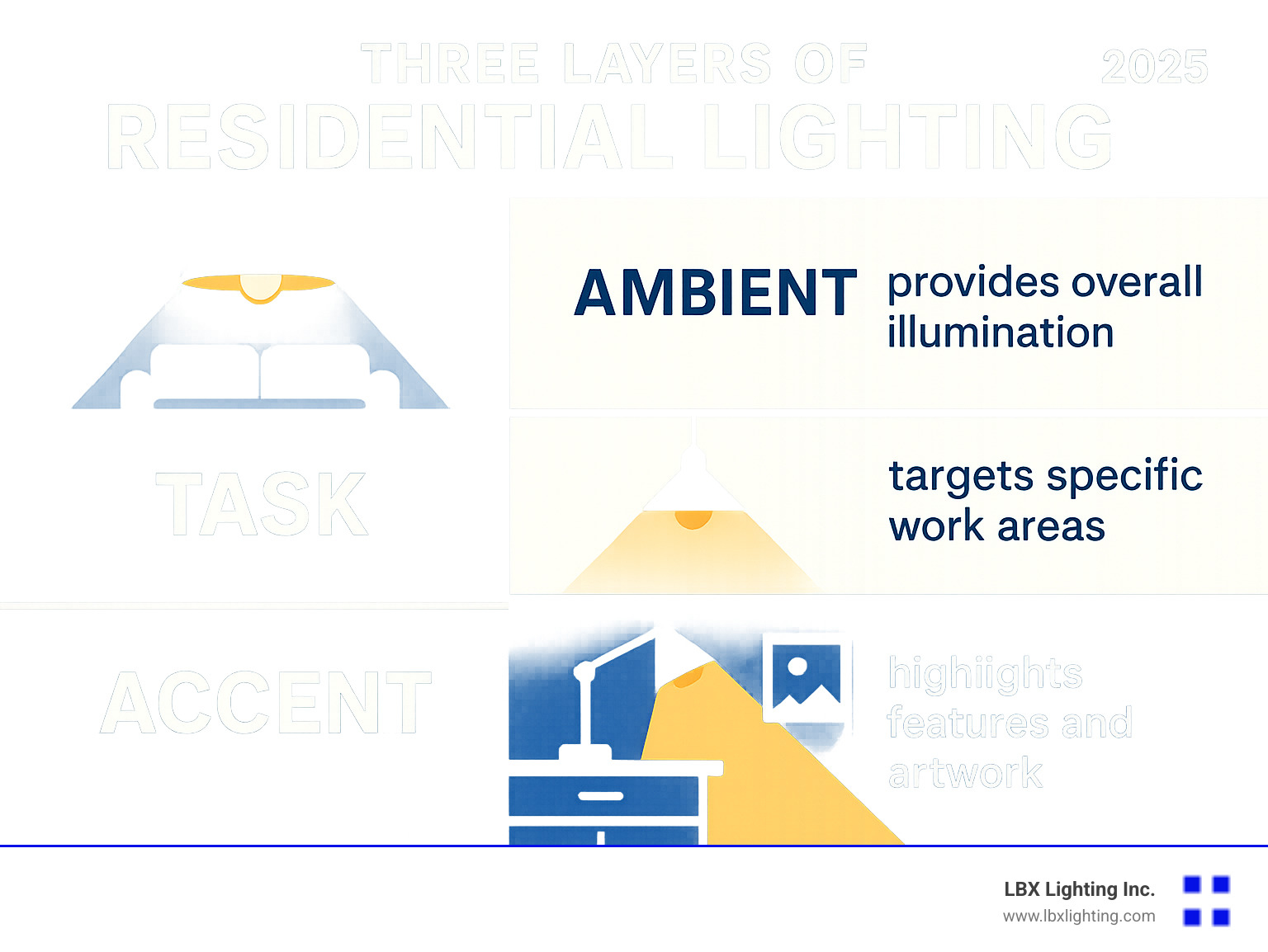 Infographic showing the three essential layers of residential lighting: Ambient lighting provides overall illumination throughout a room, Task lighting focuses on specific work areas like kitchen counters and reading nooks, and Accent lighting highlights architectural features and artwork to create visual interest - residential lighting consultant infographic 