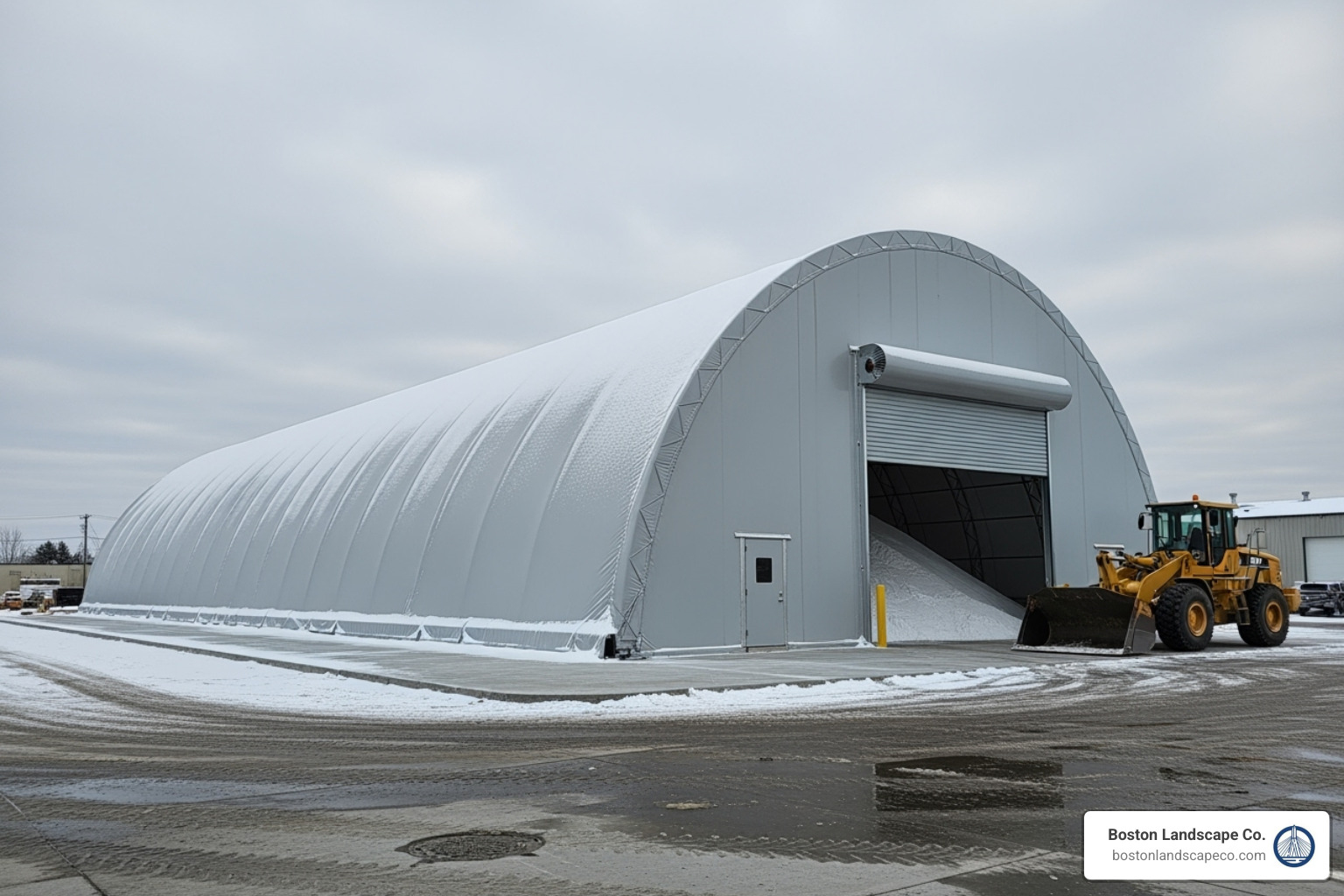 A covered salt storage facility, protecting de-icing materials from the elements and preventing runoff - Snow and ice control