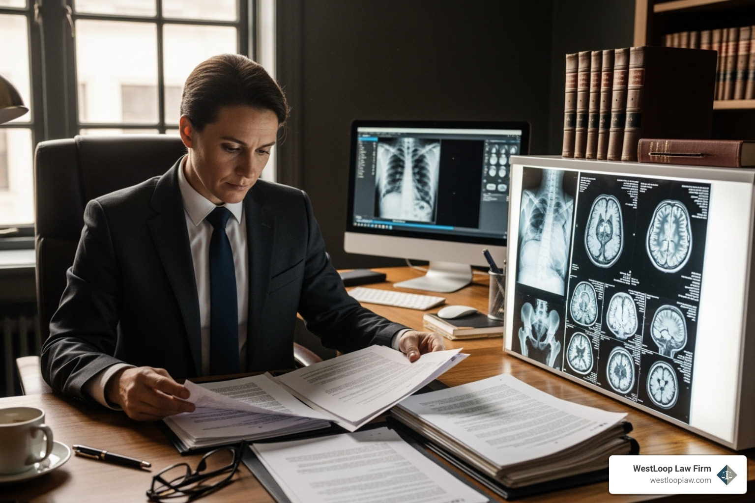 lawyer reviewing legal documents and medical scans - Houston spine injury lawyer