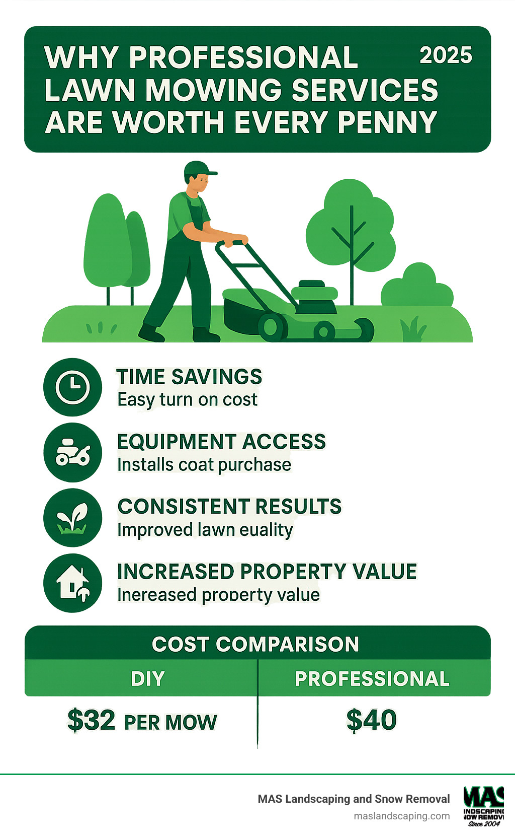 Comprehensive breakdown of professional lawn mowing service benefits including time savings, equipment access, consistent results, improved lawn health, and increased property value with cost comparison between DIY and professional services - lawn mowing services near me infographic Comprehensive breakdown of professional lawn mowing service benefits including time savings, equipment access, consistent results, improved lawn health, and increased property value with cost comparison between DIY and professional services - lawn mowing services near me infographic