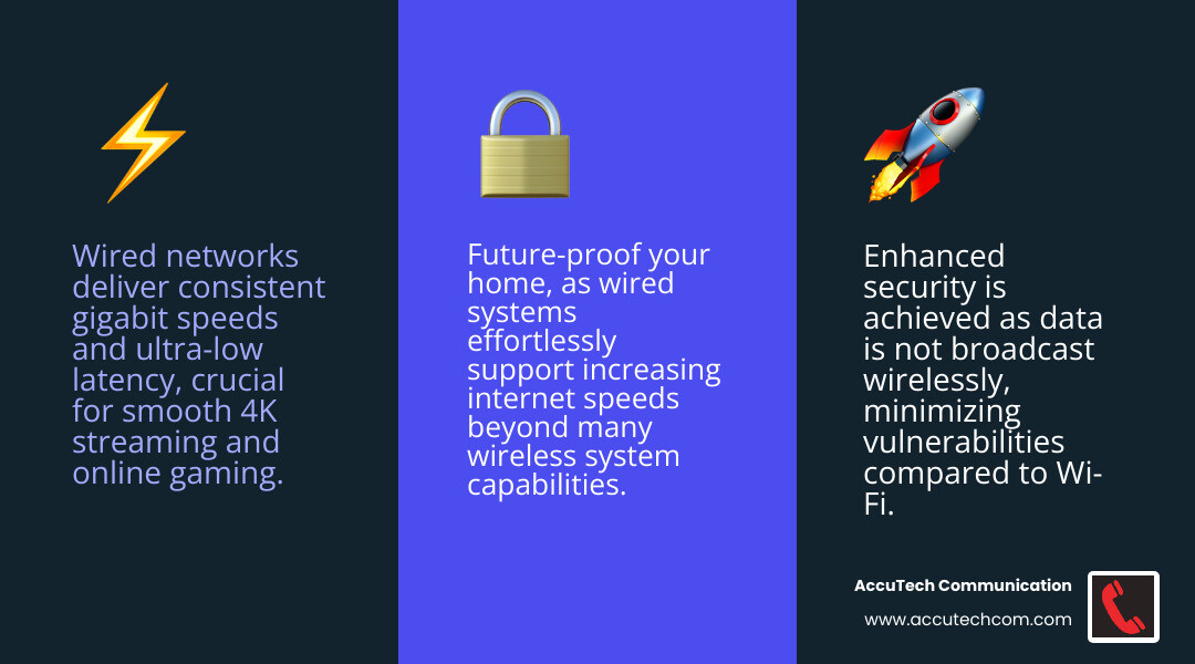 Infographic showing performance comparison between wired Ethernet delivering consistent 1000 Mbps speeds versus wireless WiFi with variable speeds affected by distance, walls, and interference, highlighting wired network advantages of reliability, security, and future-proofing - home data cable installation infographic 3_facts_emoji_blue