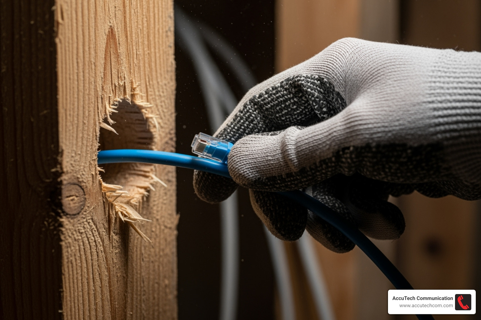 cable being pulled through a hole in a wall stud - home data cable installation