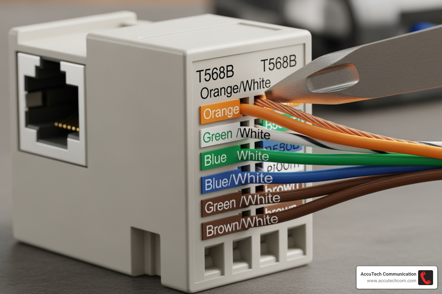 T568B wiring pattern on a keystone jack next to the color-coded wires - home data cable installation