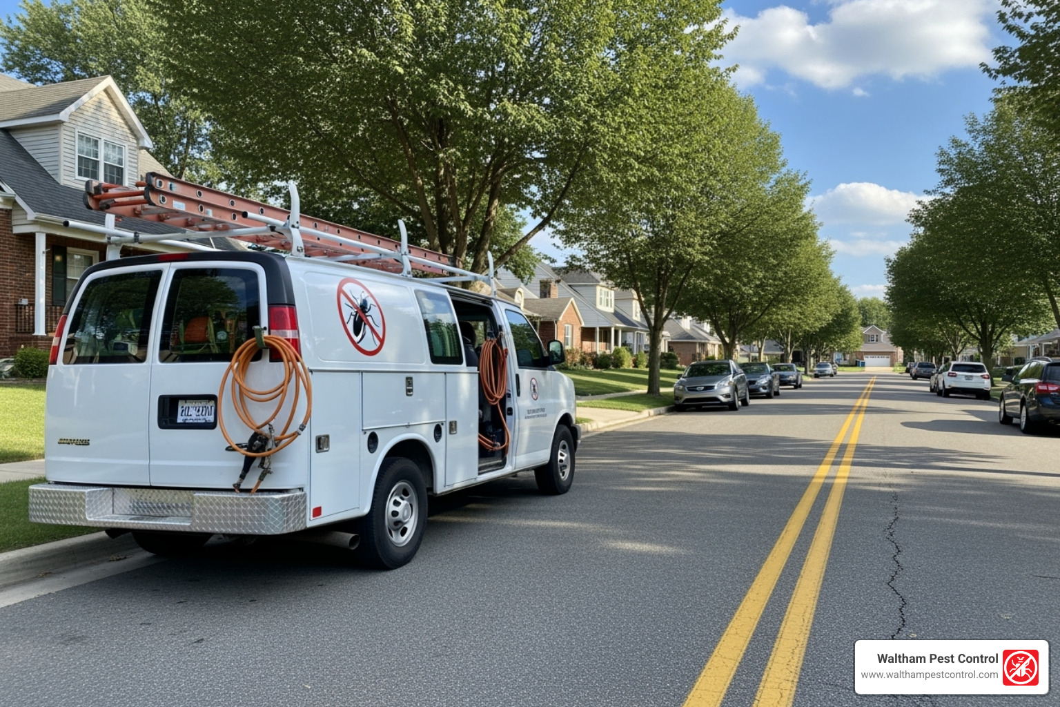 A pest control service van in a residential neighborhood - cambridge pest services